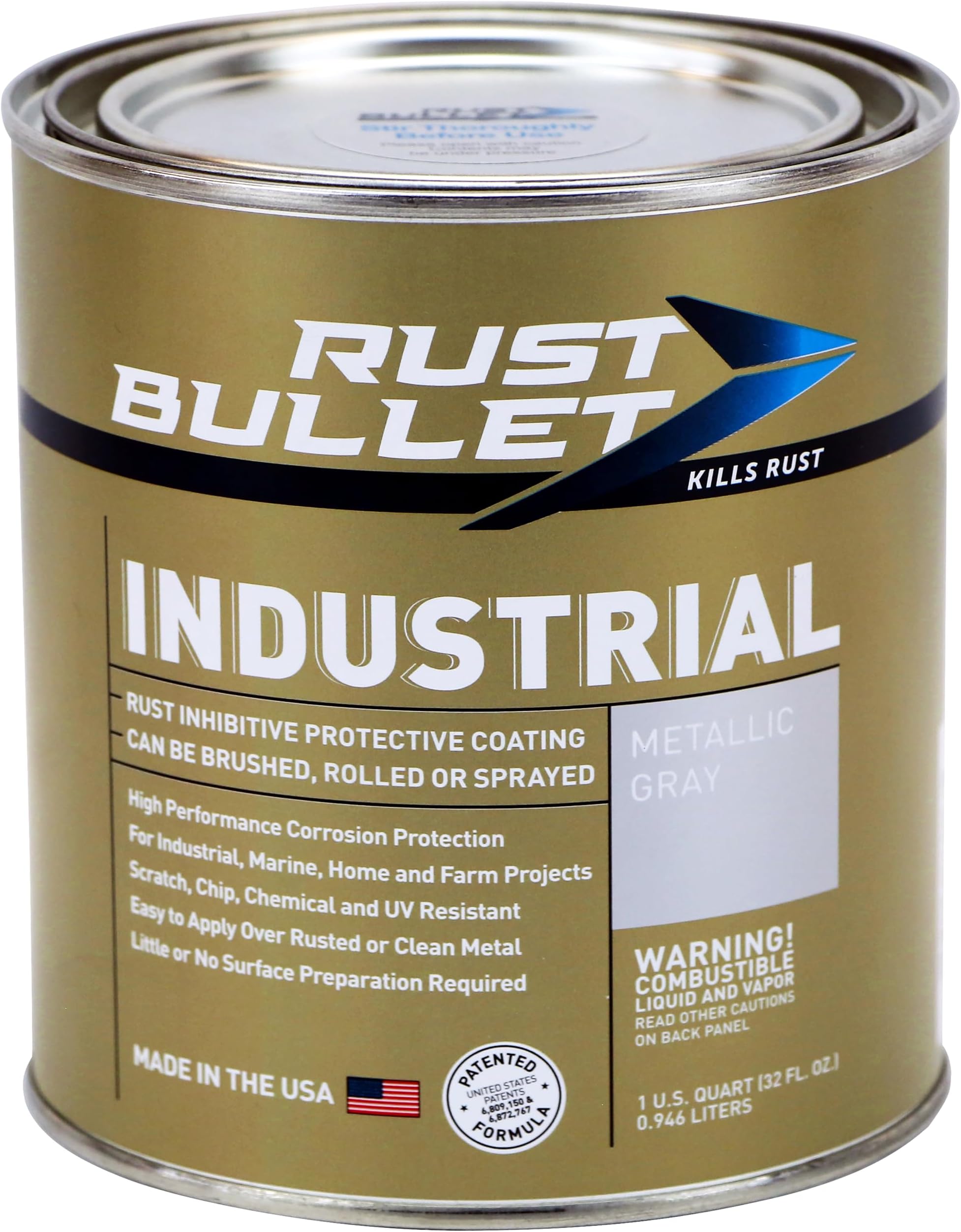 RUST BULLET Industrial - Metallic Grey - 1 Quart - Rust Proof Coating for Industrial, Marine, Home and Farm Projects, Chip and UV Resistant, Durable Finish