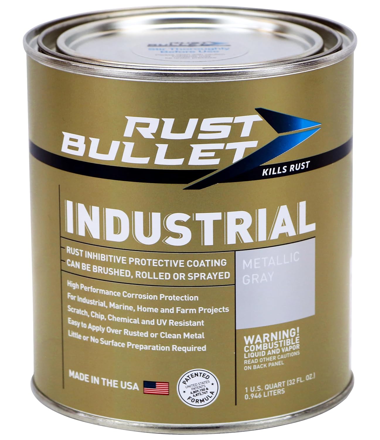 RUST BULLET Industrial - Metallic Gray - 1 Quart - Rust Preventative Coating for Industrial, Marine, Home and Farm Projects, Chip and UV Resistant, Durable Finish