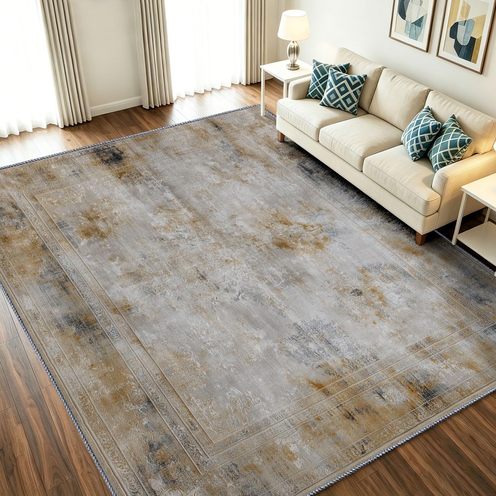 Alfombra de entrada gris 60x90 cm lavable con diseño de medallón étnico antiguo