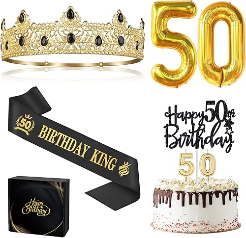 Regalos de cumpleaños 50 para hombres, decoraciones de cumpleaños número 50 para hombres, corona de cumpleaños King y banda de cumpleaños King y