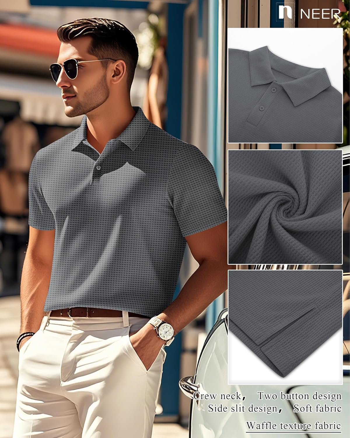 Neer 3 Pack Men's Waffle Henley Button Collared T-Shirts, Short Sleeve Lapel V Neck Side Split Classic Summer Basic Tees - Image 2