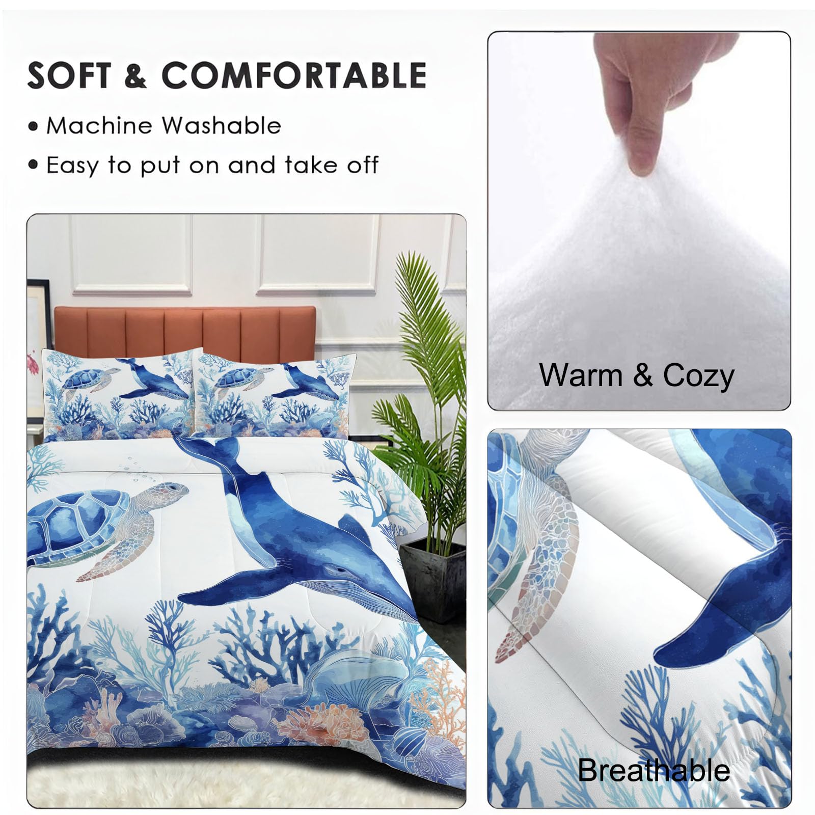 Edredón Azul Invierno Nórdico 200x200 cm, Edredón Tortugas Marinas Ballenas Tacto Suave y Confortable de Microfibra 200g/m2, Edredónes Acuarela Estilo Océano Diseño Reversible con 2 Fundas de Almohada