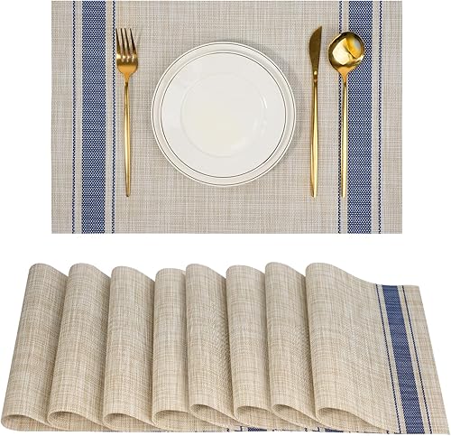Miniatura 15 de Juego de 8 manteles individuales, antideslizantes, tejido de PVC, fáciles de limpiar, resistentes al calor, para cocina, comedor, decoración Caqui