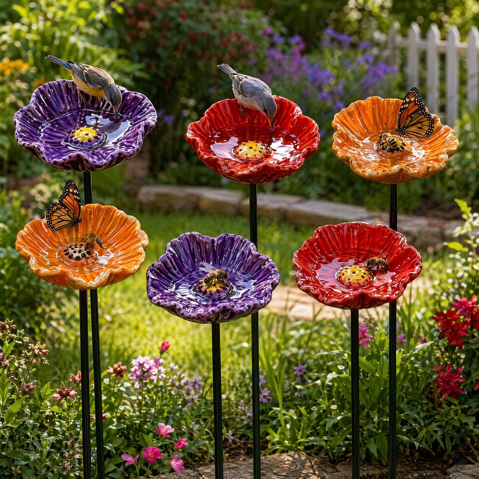 Handmade Ceramic Mini Pollinator Watering Station, Colorful Flower Bee Water Feeder & Butterfly Bird Bath, Weather-Resistant Small Outdoor Garden Stakes Yard Art Decor for Patio Lawn Balcony
