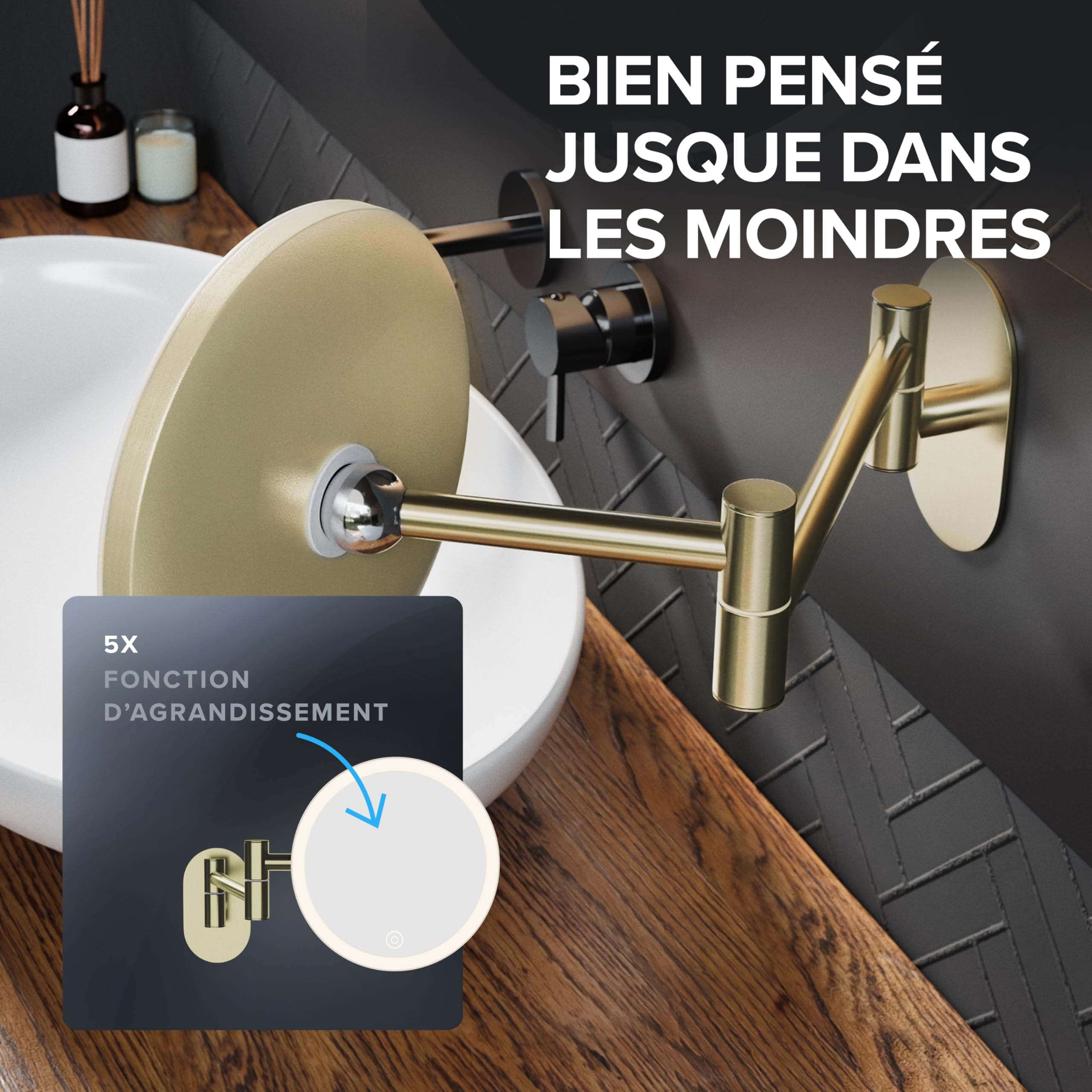 Ovimar Cosmétique Blavand Or | Éclairage | Rechargeable | Montage Mural sans Perçage | Salle de Bain | Miroir Grossissant 5X | Miroir de Maquillage 360°