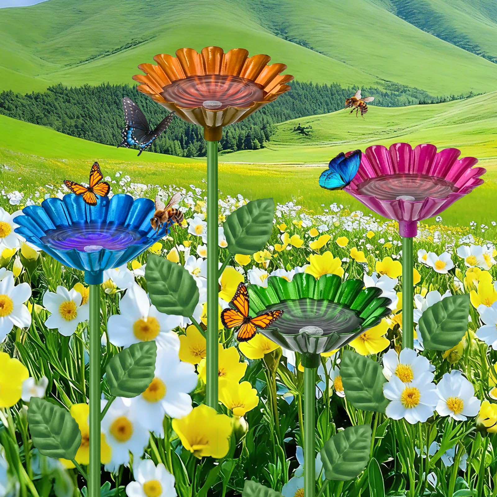 WEXFFU 4 Pack Bee Watering Station, Metal Bee Bathing Stations, Bee Bath for Garden Metal Bees Water Feeder with Flower Design, Waterproof Colorful Butterfly Feeders for Outdoor Yard Decor