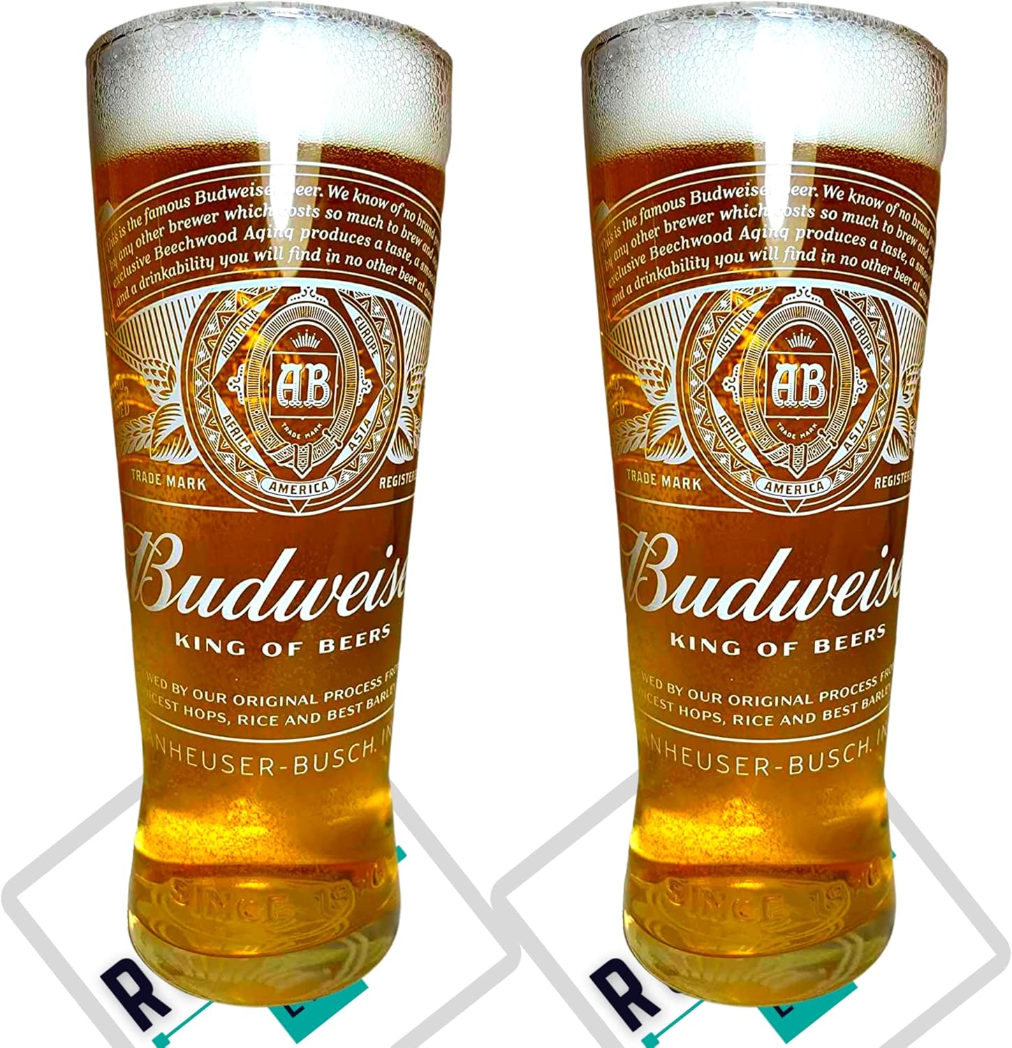 Roxley Budweiser X2 Lager Glass Glasses Also Comes with 2 Branded Beer