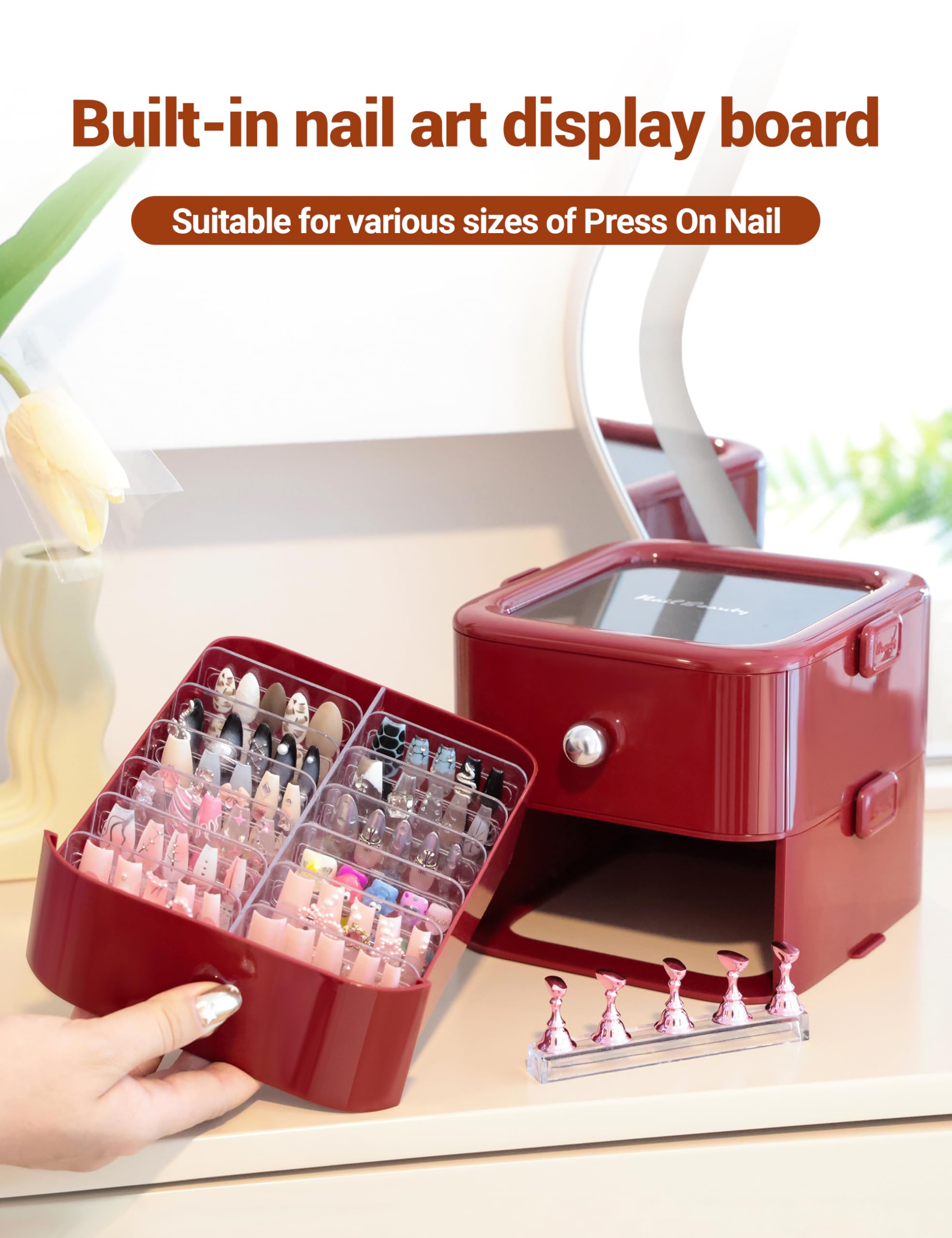 Makeup Organizer with Drawers,Press On Nail Organizer Storage Box with Handle,for Dresser Fake Nail Storage Nail Display Nail Salon Press On Nail Supplies Organizer with Nail Tape?Red?