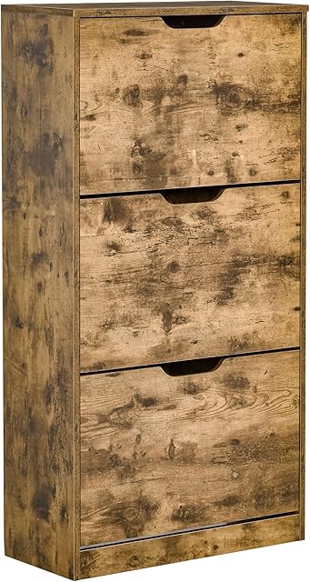 HOMCOM Shoe Cabinet with 3 Flip Doors, Storage Rack with Open Compartment, Internal Dividers, for 12-18 Pairs of Shoes, Rustic Brown