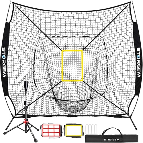 Miniatura 10 de Storgem Baseball and Softball Practice Net 7×7ft Portable Hitting Pitching Batting Training Net Baseball Backstop Net with Batting Tee and Strike