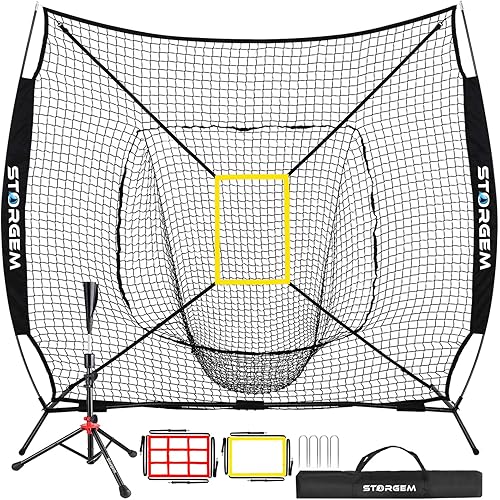Storgem Baseball and Softball Practice Net 7×7ft Portable Hitting Pitching Batting Training Net Baseball Backstop Net with Batting Tee and Strike Zone and Bow Frame