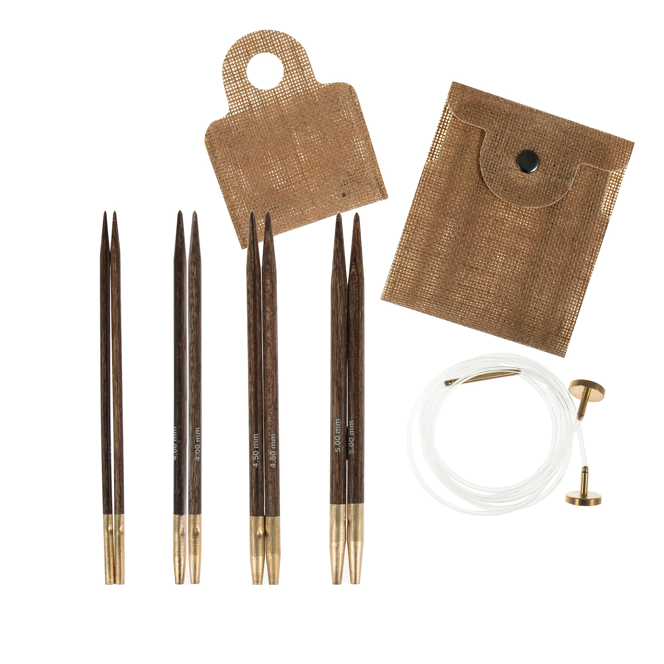 Milward Austauschbares Stricknadel-Set – Jutebeutel für Stifte und Kabel, Stopper, Verbindungsstück – 100% Jute-Druckknopfetui – 10,5 cm x 3,4,4,5,5 mm