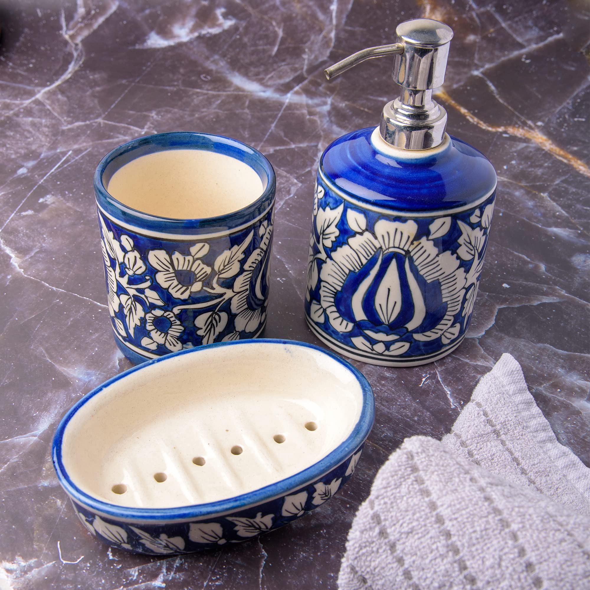 India Meets India Ceramic Bathroom Accessories Set Soap Dish, Liquid Dispenser, Toothbrush Holder Set, Handicraft by Awarded Indian Artisan (Blue)