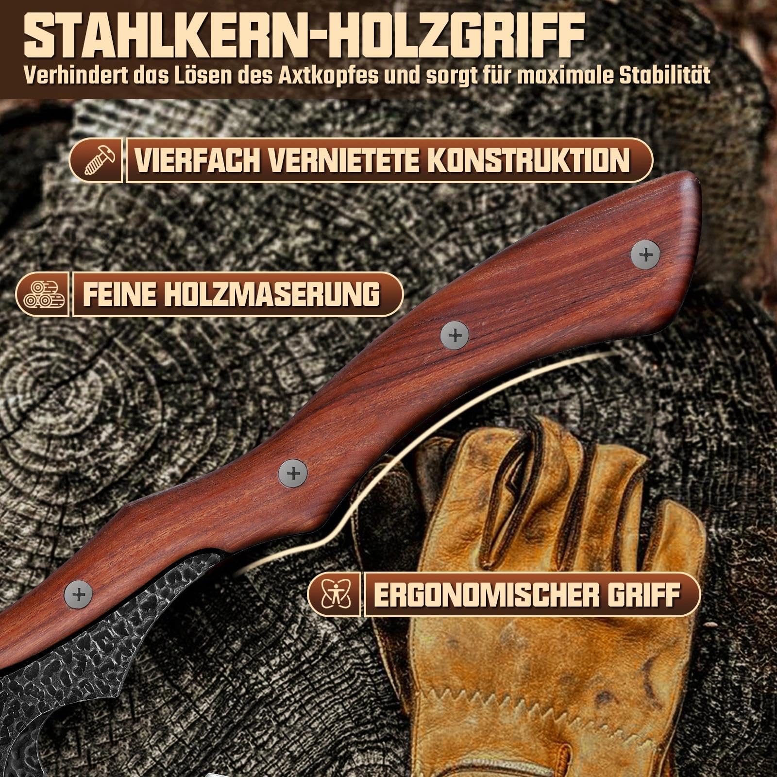 Purple Dragon Beil Axt Outdoor, Axt Holz Spalten, Spaltaxt für Holz, Handgeschmiedete Camping Axt aus Kohlenstoffstahl mit Holzgriff und Lederscheide für Survival und Wandern Geschenk für Männer