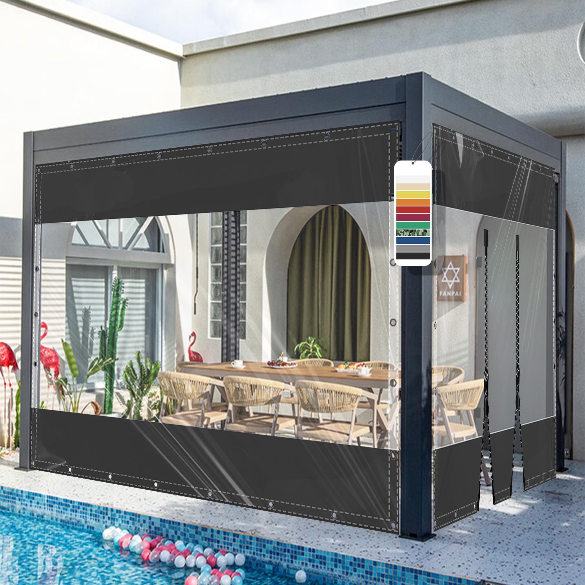 AMXFS Transparent tarpaulin with eyelets, crystal clear patio tarpaulin made of 580g/㎡ PVC Black H3mxL3.8m Outdoor Curtain Weatherproof Waterproof Rain Cover without Zipper