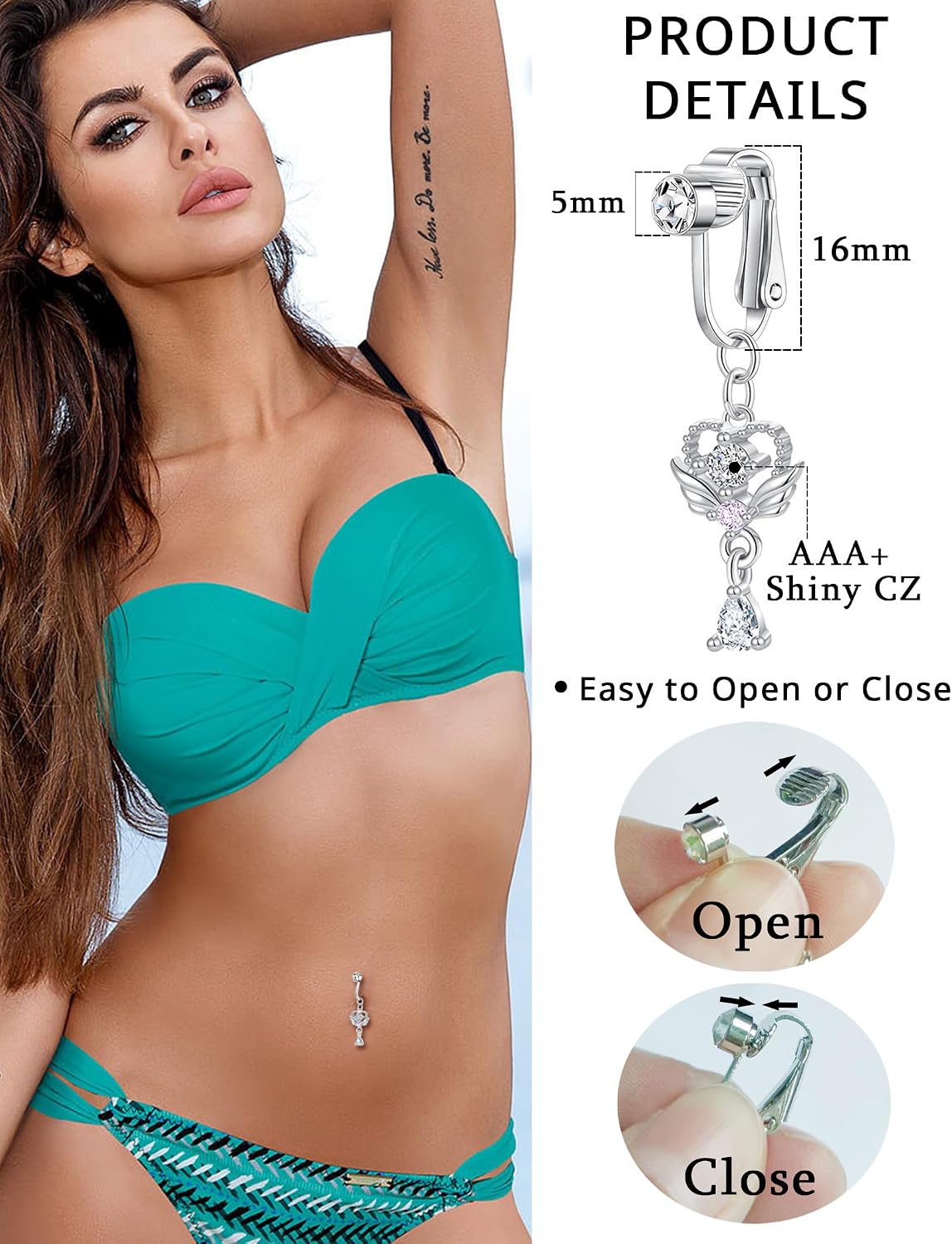 Akeoqi 8PCS Fake Belly Ring Clip on Belly Button Rings Heart CZ Star Snake Butterfly Evil Eye Flower Devil Non Piercing Dangling Navel Ring Jewelry Set For Women Silver Tone