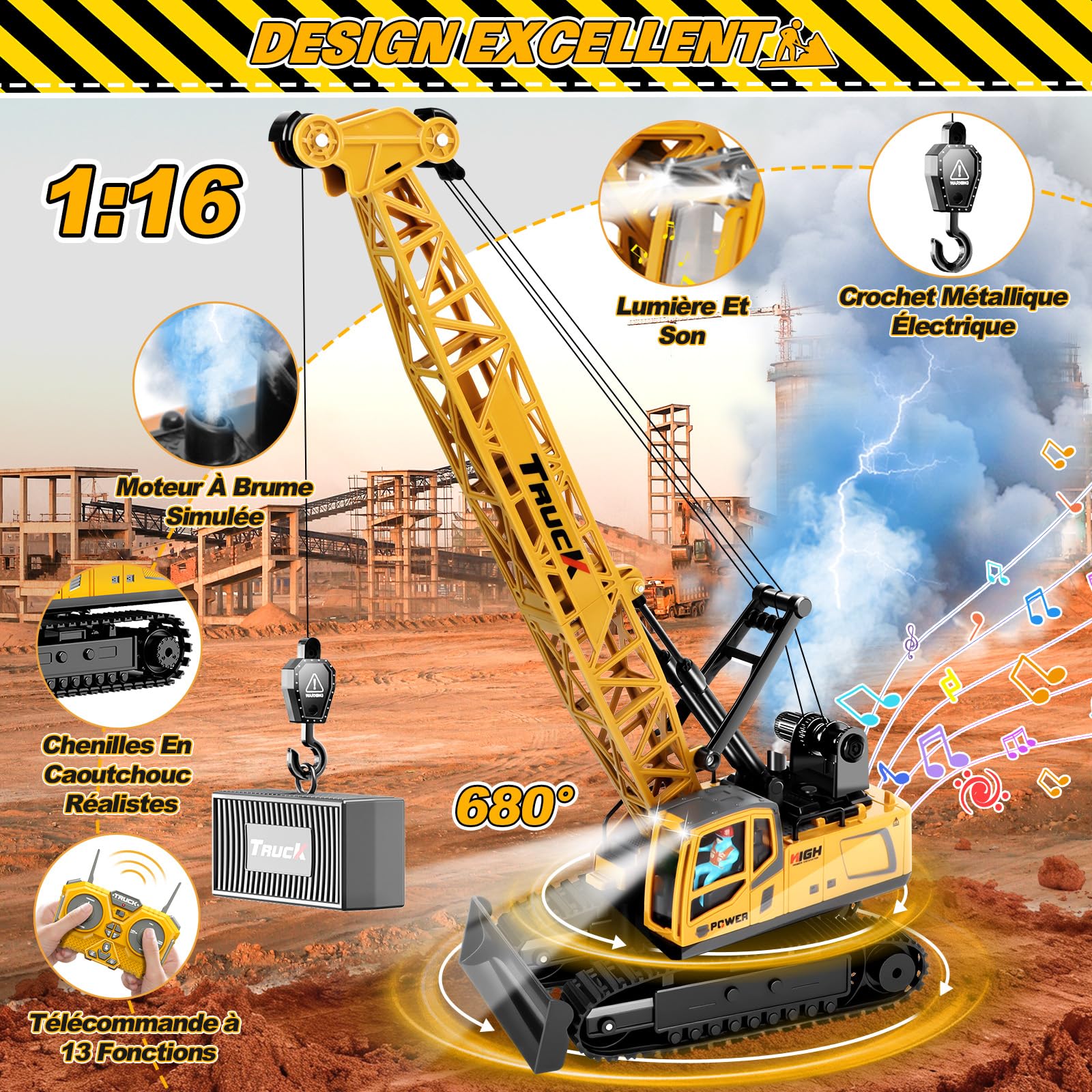 1:16 Grue télécommandée, 13 Canaux Jouet Grue Télécommandée avec Lumières Pulvérisé Sons Réalistes, Grand Engins de Construction Grues Cadeaux pour Enfants 6+ Ans (Jaune)