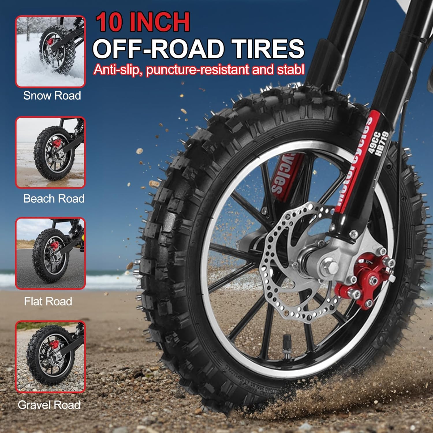 49cc Kids Dirt Bike - Gas-Powered 2-Stroke, Off-Road 10” Tires, Dual Disc Brakes, Upgraded 40x20 Frame, Pull Start Pit Bike, 25MPH Speed, Support up to 330Lbs (Black)