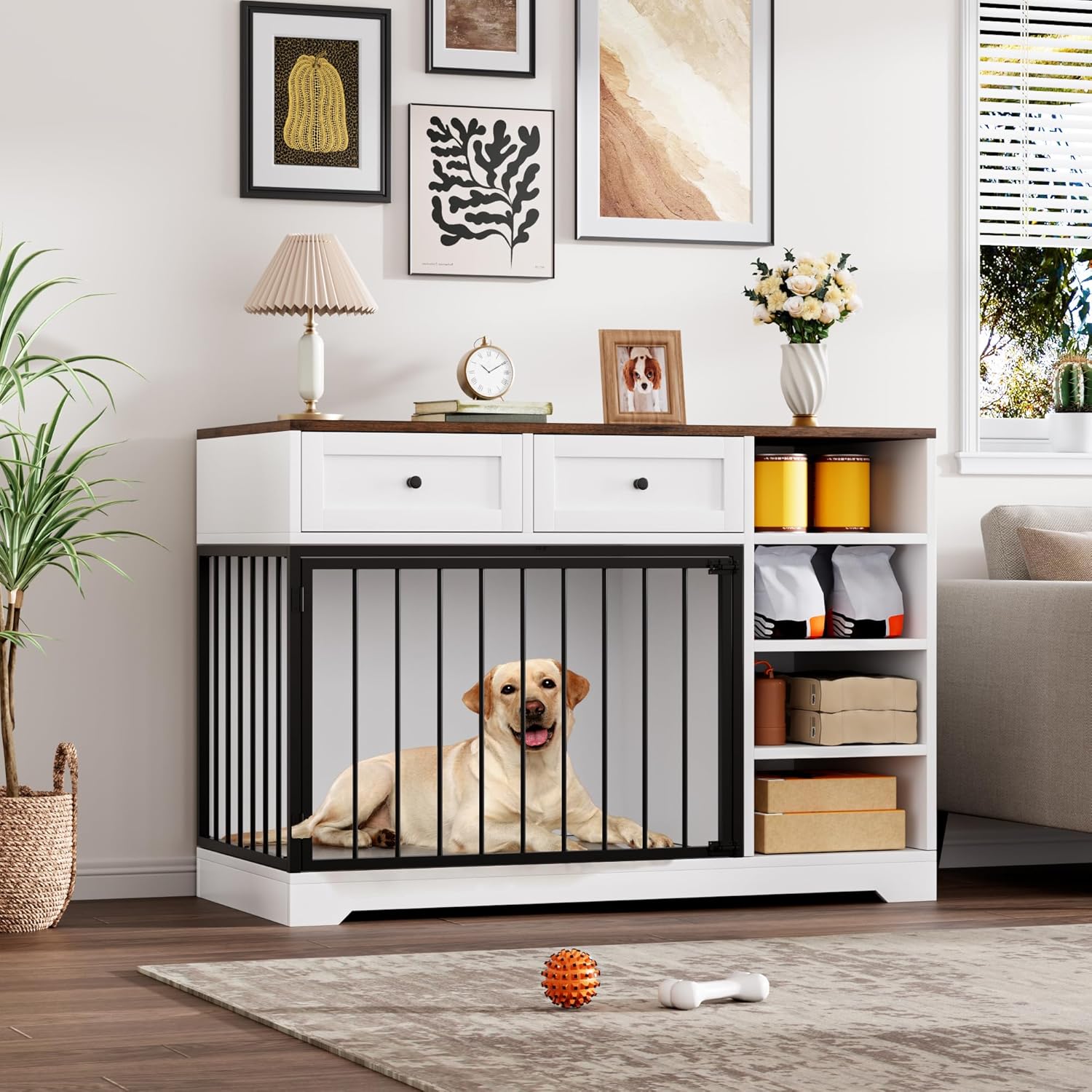 Garvee 47.2" Dog Crate Furniture with 2 Drawers and 4 Shelves, Wood Dog Crate TV Stand, Large Dog Kennel Indoor for Small Medium Large Dogs, White