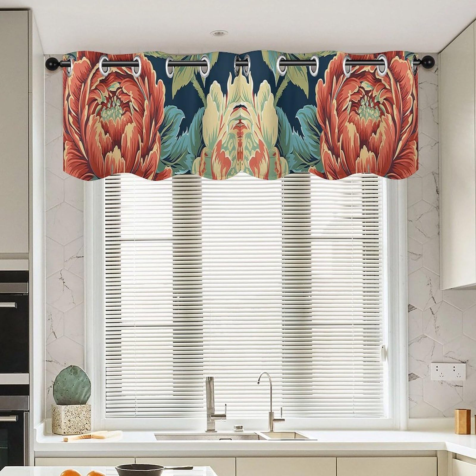 Cantonnière pivoine rouge asiatique pour fenêtre de chambre et salon (lot de 2)