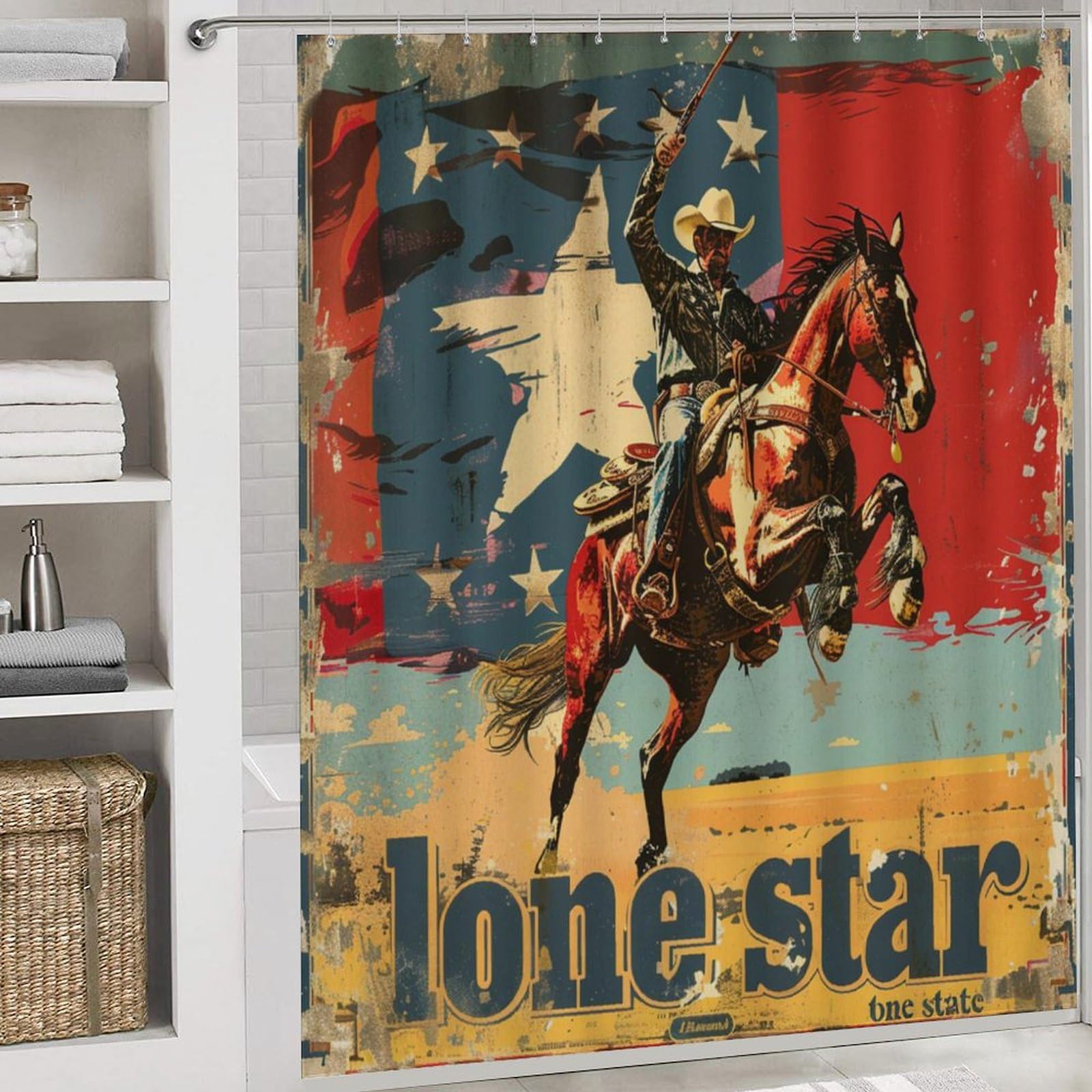 Ensemble de 4 Rideaux de Douche imperméables Vintage Wild West Cowboy, Drapeau américain Rustique de Ferme Occidentale avec Tapis de Douche et Housse de Toilette imperméables