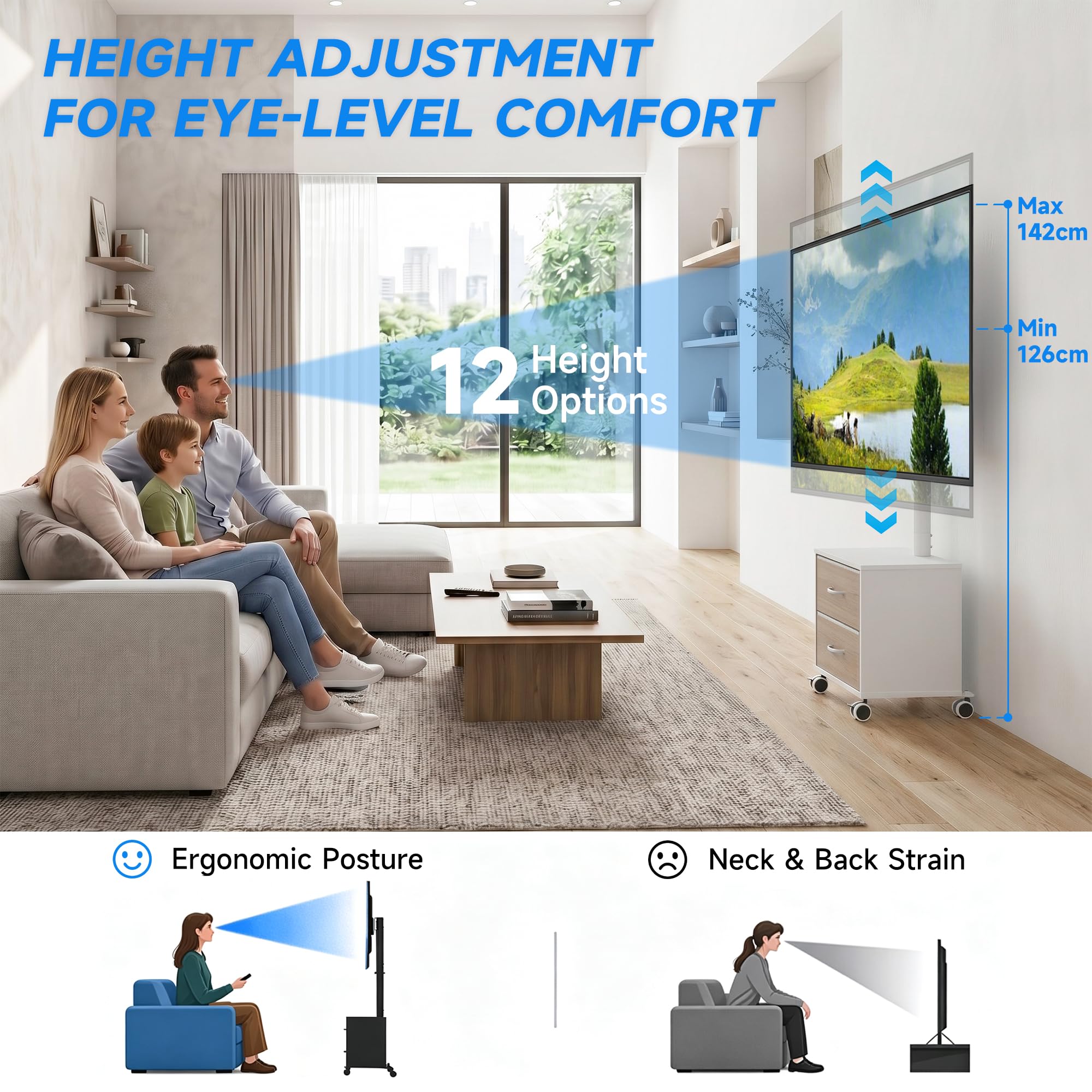 5Rcom Supporto TV bianco su ruote per TV LED LCD OLED al plasma da 32-60 pollici, mobile TV piatto curvo regolabile in altezza con staffa fino a 40 kg, supporto mobile per TV con cassetti max VESA 400