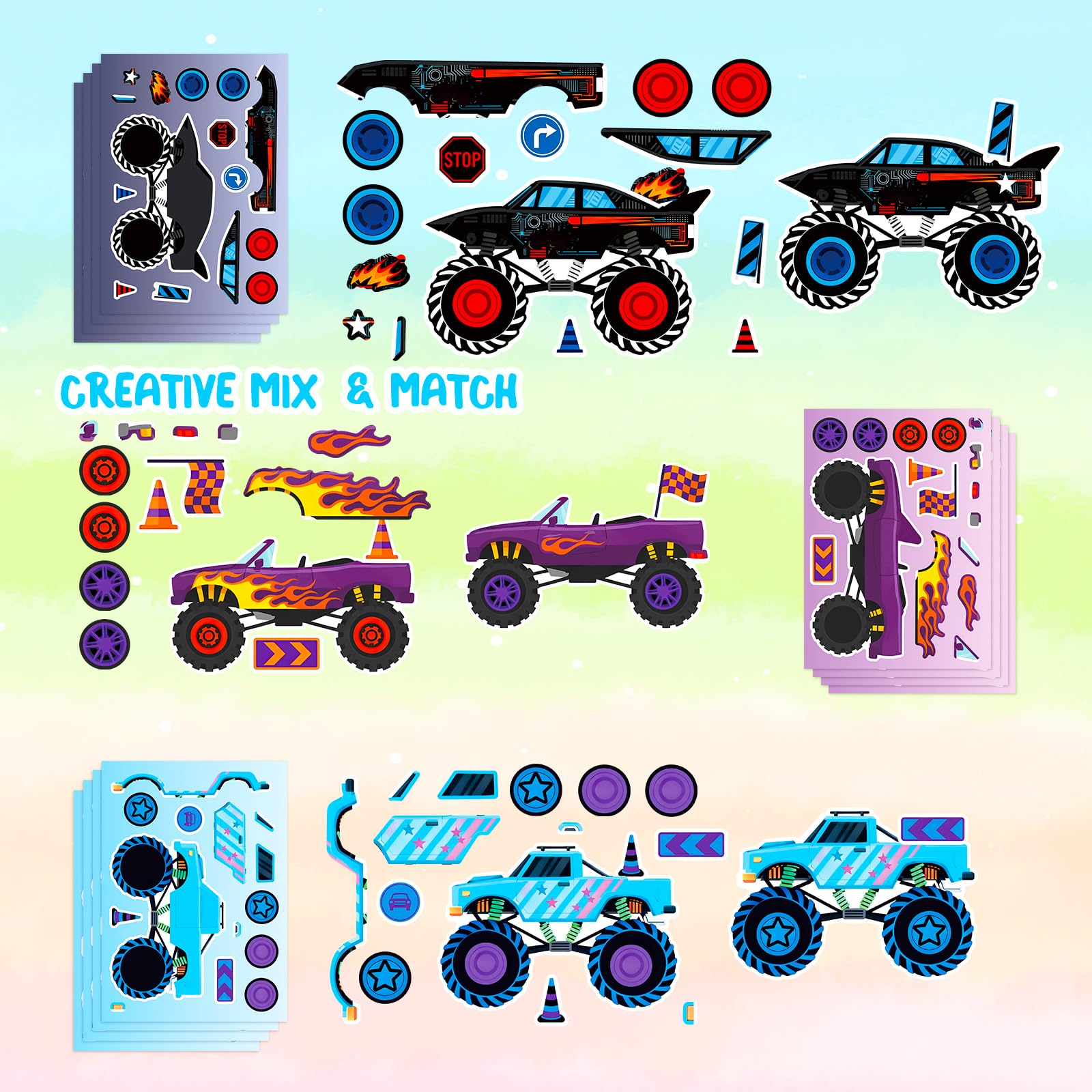 24 Sheets Make Your Own Stickers, Car Make-a-face Sticker Trucks, Race Cars DIY Craft Stickers for Party Decoration Reward — view 4