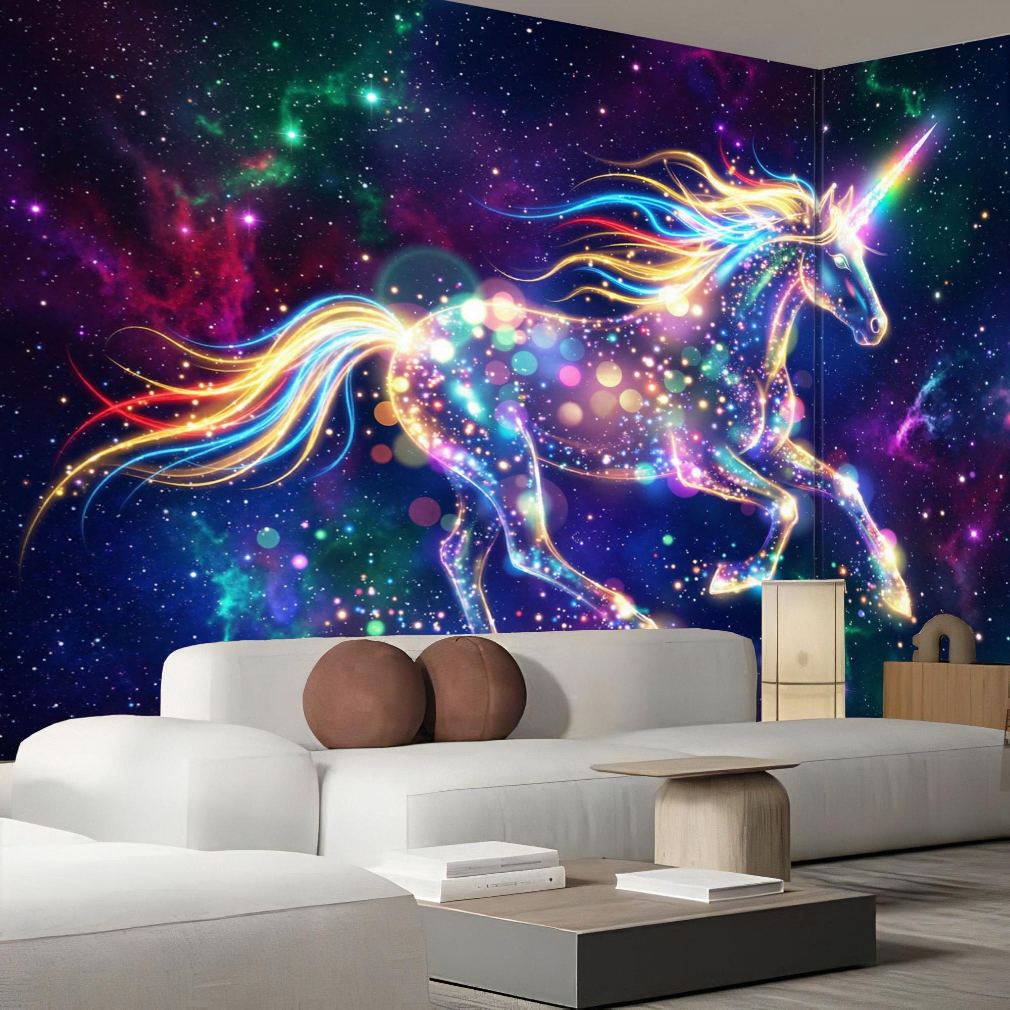 Papier peint 3D licorne pour fond TV de salon : créez un espace magique et scintillant