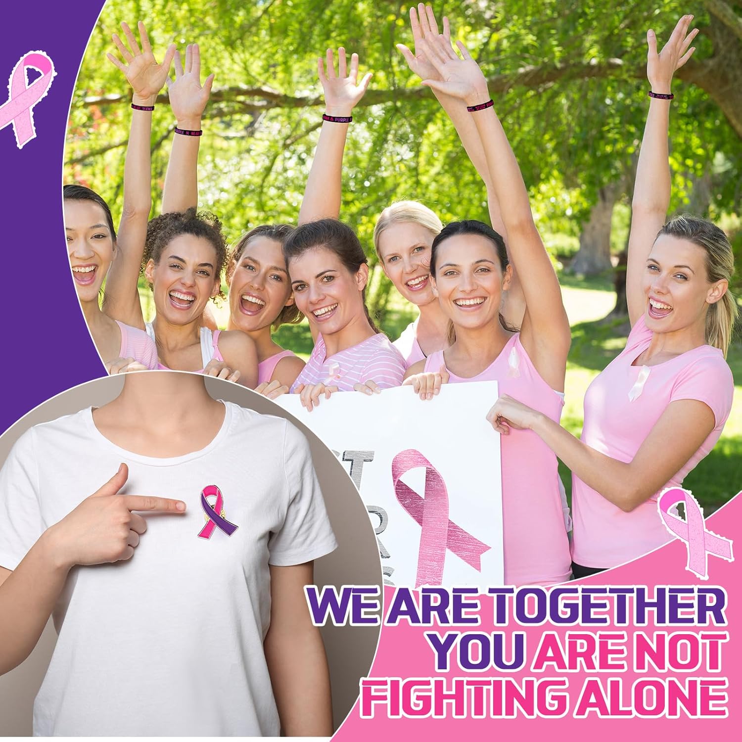 245 Pcs Breast Cancer Domestic Violence Awareness Accessories Pink Purple Ribbon Pins Rubber Bracelets Ballpoint Pens Rubber Ducks for Women Cancer Awareness Month Party Event Supplies