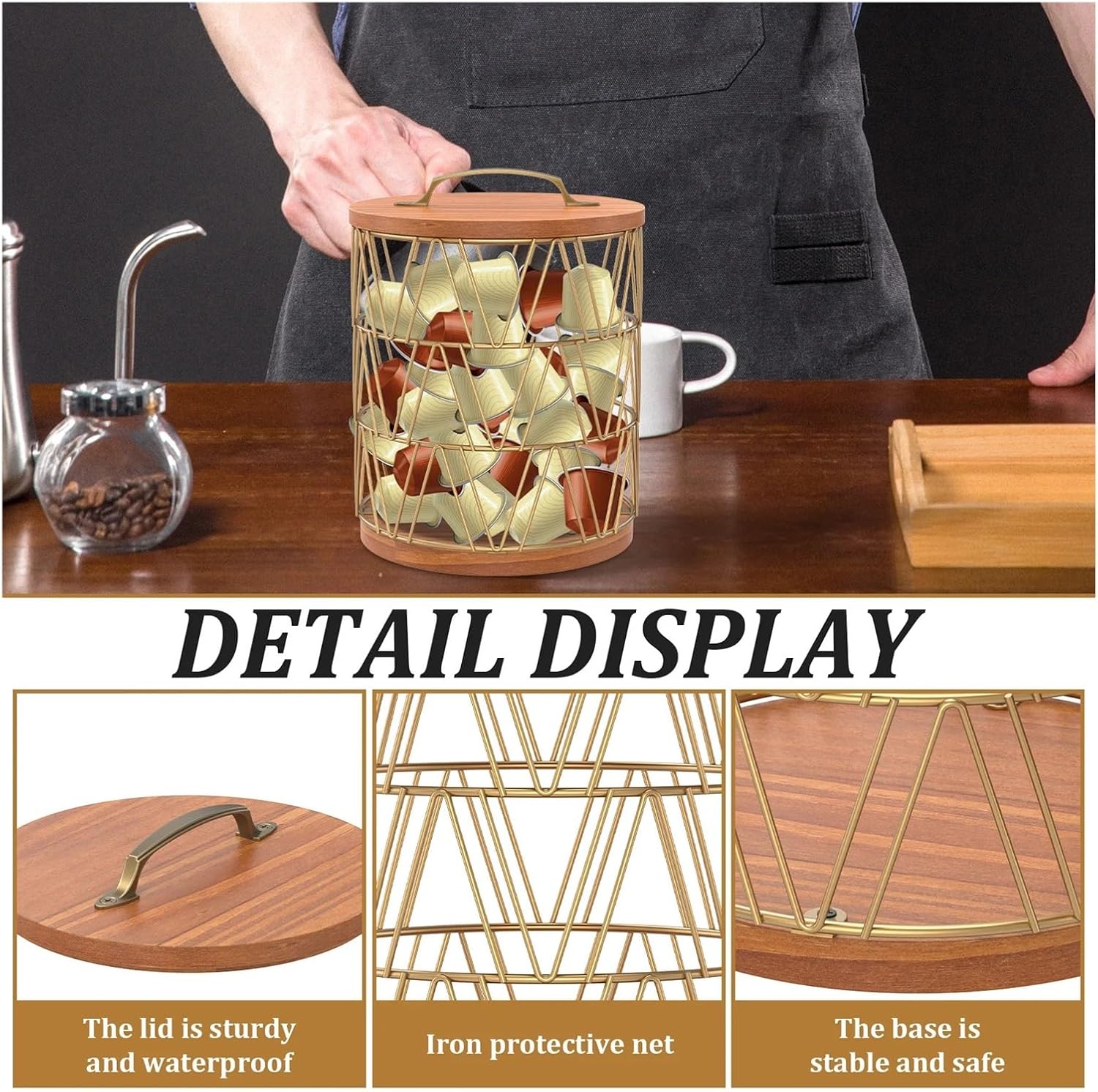 Large Capacity Coffee Capsule Holder With Wood Base Compact Espresso Pod Holder For Home(Gold 1pcs)