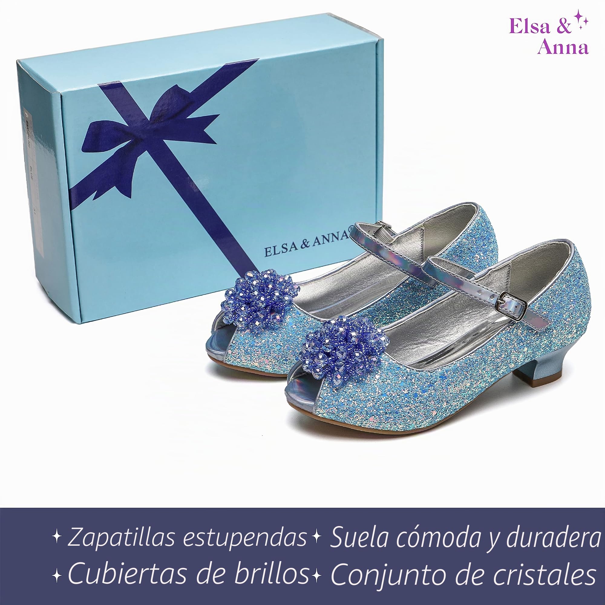 ELSA & ANNA Zapatos de princesa niña - Zapatos de fantasía con brillos y cristales - 3 cm tacón - Para fiestas, cumpleaños y cosplay - Tacones niña princesa (BLU23) (30)