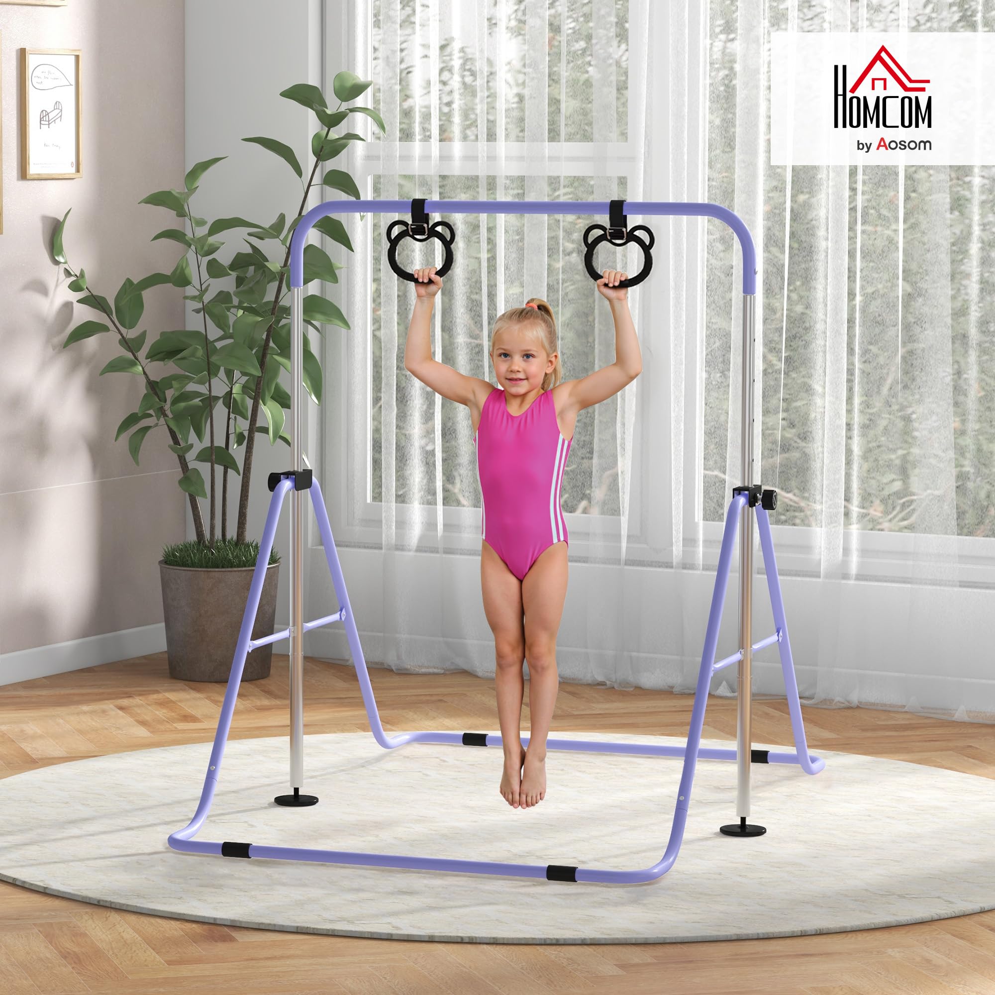 HOMCOM Barra da ginnastica per bambini, barra orizzontale, attrezzatura da ginnastica pieghevole, altezza regolabile, 88-128 cm, con anelli da ginnastica