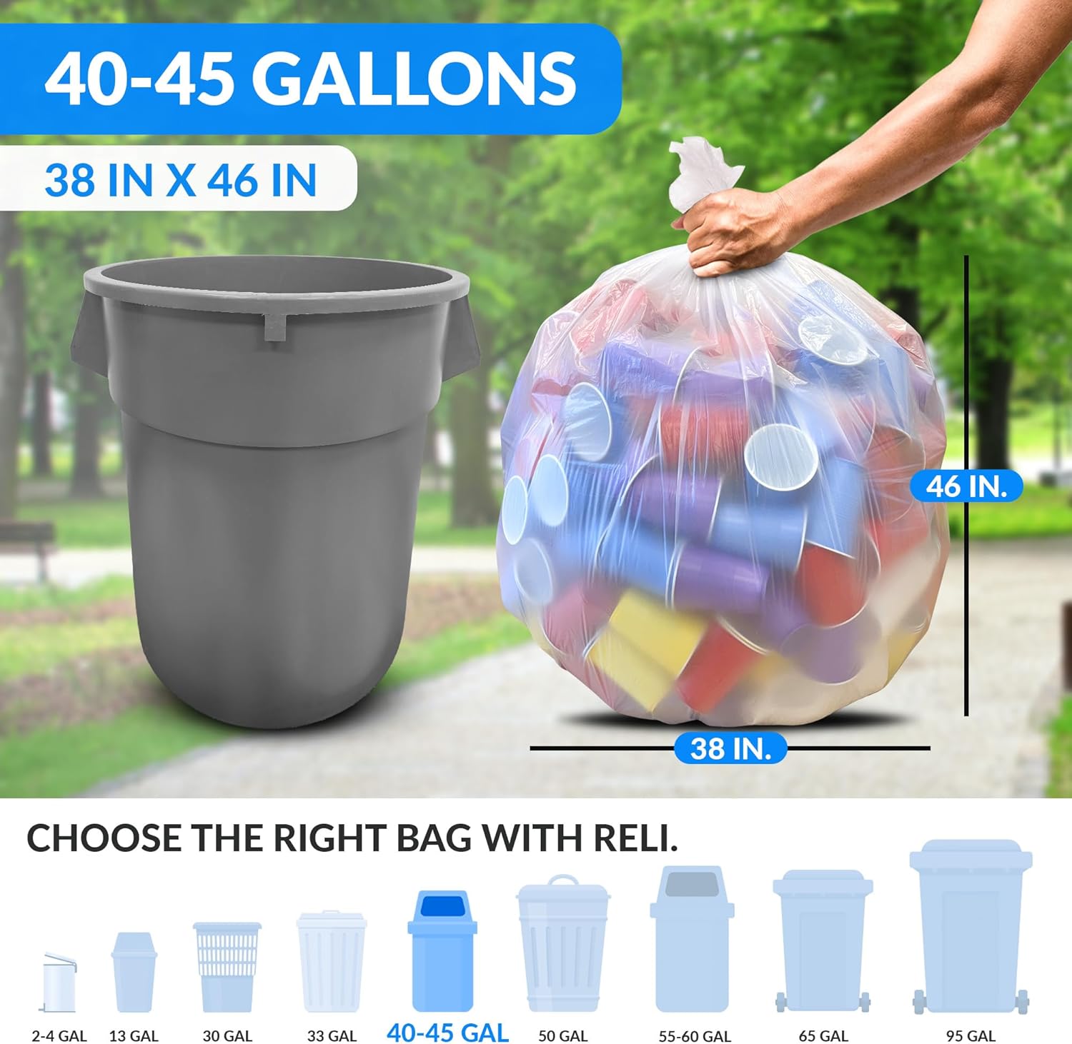 Reli. 40 to 45 Gallon Trash Bags Heavy Duty | 125 Trash Bags with Ties | Super Sizeable, Clear, Serious Garbage Cleanup
