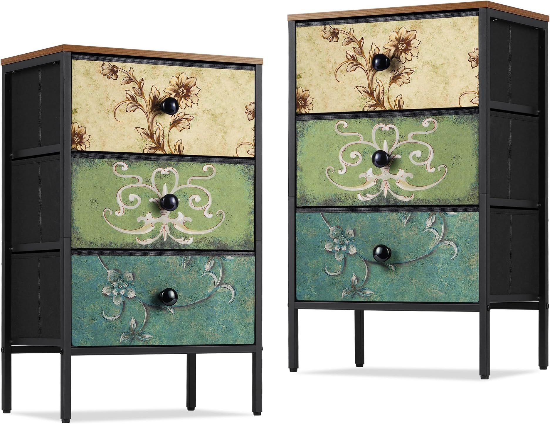 LYNCOHOME Bedside Tables Set of 2,Nightstand with 3 Drawers,Fabric Storage Cabinet Drawers,Furniture Sets for Bedroom,LivingRoom,Green,2 Pack