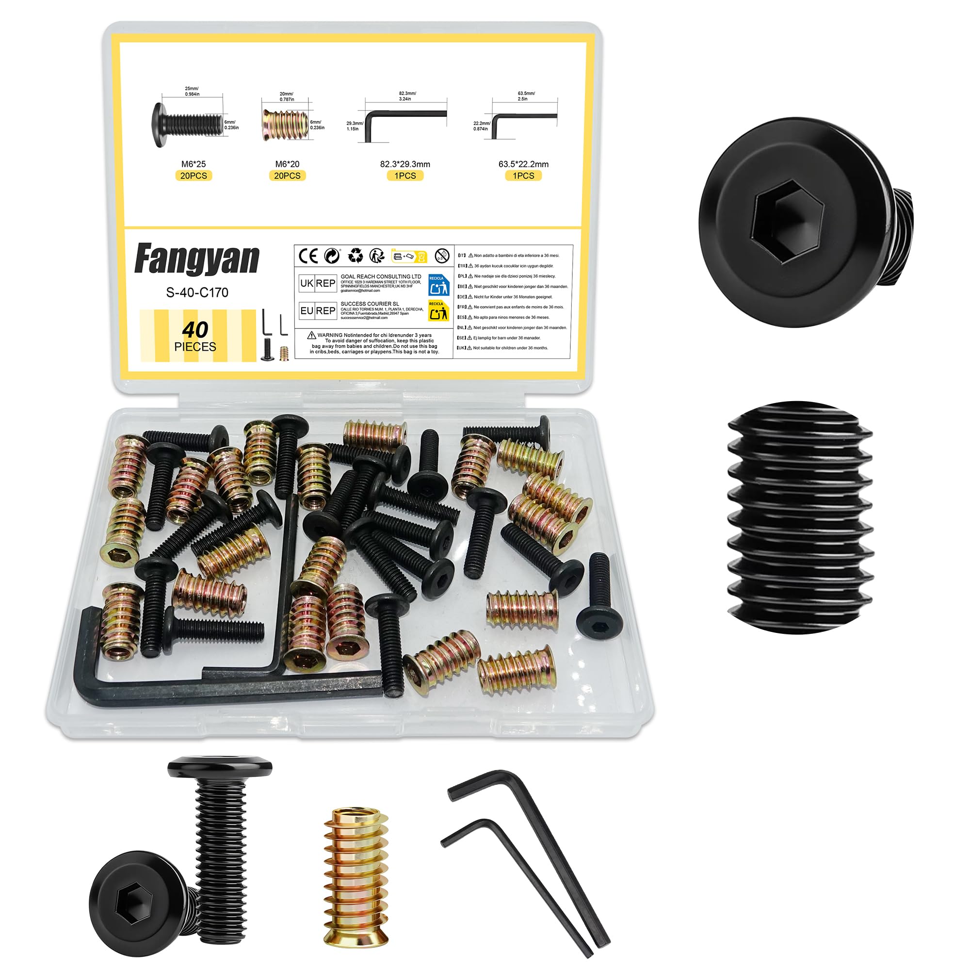 Fangyan 20Pcs M6×25mm Furniture Screws Set, Hex Socket Threaded Fastener Connector with Threaded Inserts & Allen Wrench, Carbon Steel Hardware for Flat Pack Cabinet Wardrobe Bed Frame