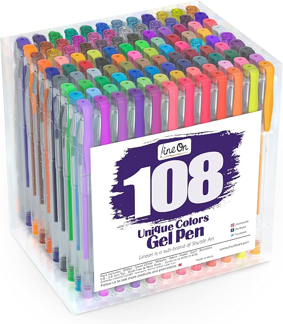 Lineon Gel Ballpoint Pen, Color Pen, 108 Color Set, Water Resistant, Gel Ink, Light Resistant, Water Resistant, Adult Coloring Book, Illustration, Drawing, Graffiti, Sketching, Design, Notebook, Note, Taking Metallic, Fluorescent, Glitter Color, For Kids, School Entrance Celebration, Christmas Gift, Transparent Case Included