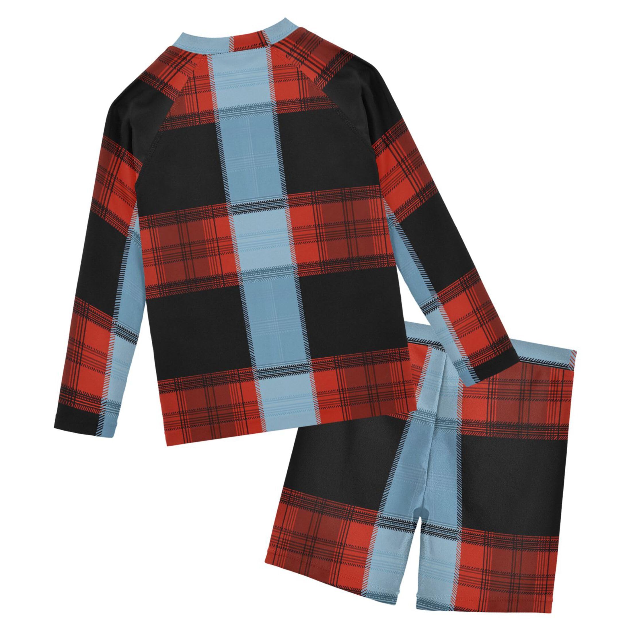 Red and Bule Buffalo Check Plaid Boys Rash Guard Swimsuits Set Long Sleeve Swim Shirts Bathing Suits B0404337