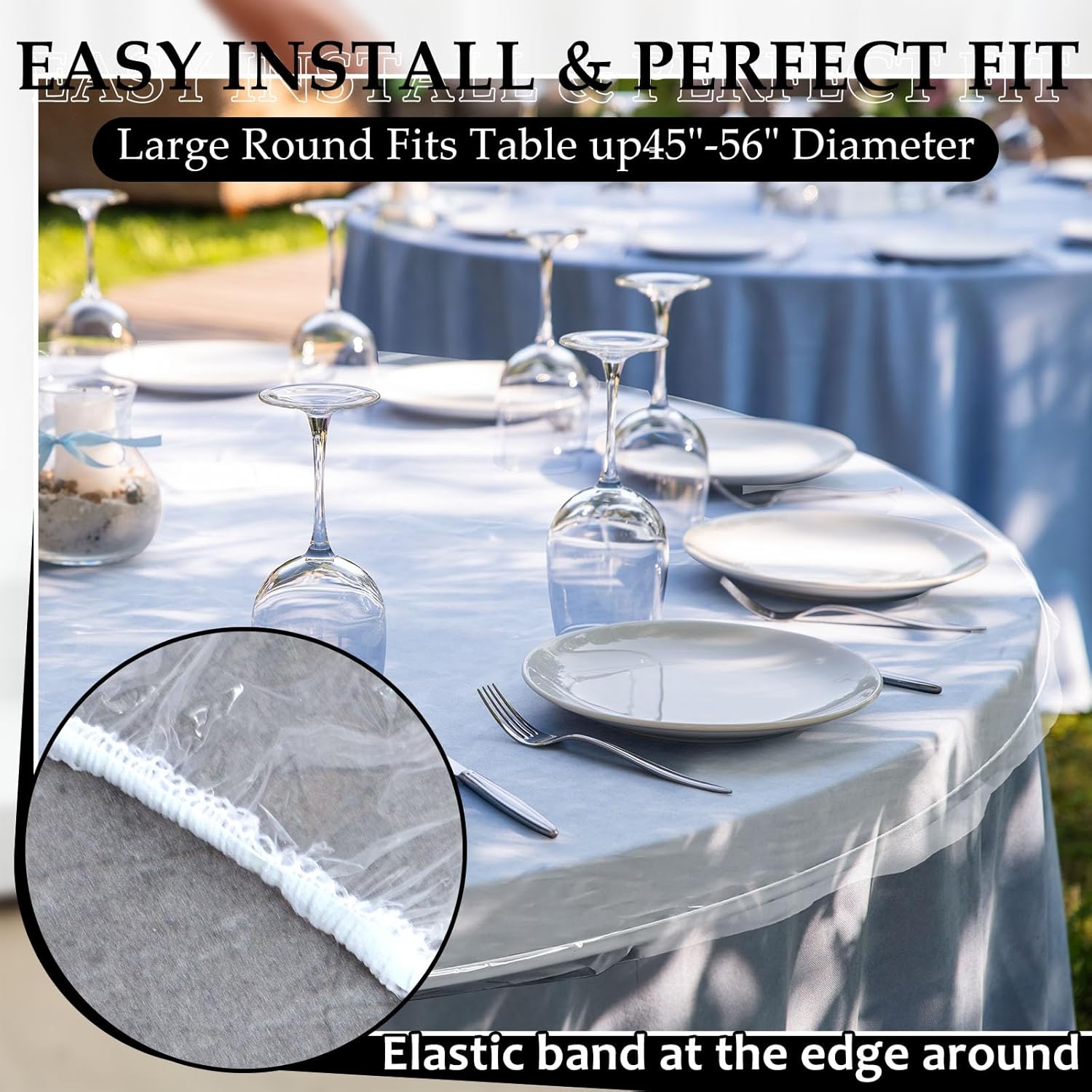 Boao 6 Pcs 48 Inch Round Plastic Fitted Tablecloth with Elastic Edge Design Waterproof Table Cover Plastic Tablecloth Protector for Table(Clear)