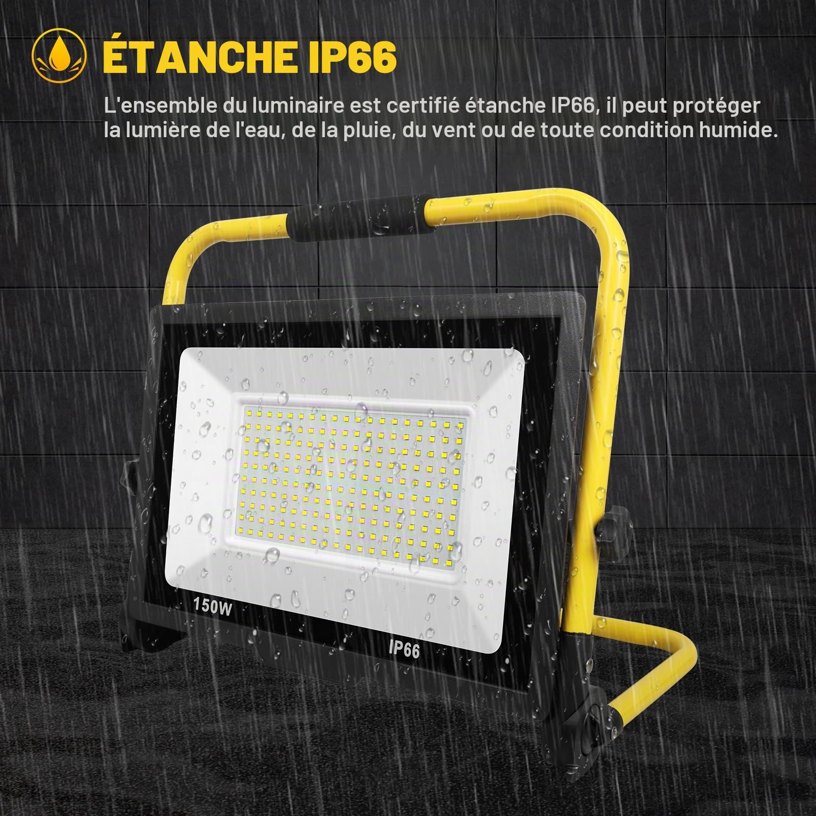 SKYWORLD 150W Projecteur de Chantier LED, 15000LM Lampe Chantier avec Prise | Pliable Portable Projecteur Led, Phare de Travail Led pour Travaux Atelier Garage Terrasse Jardin, Etanche IP66 6000K Blanc