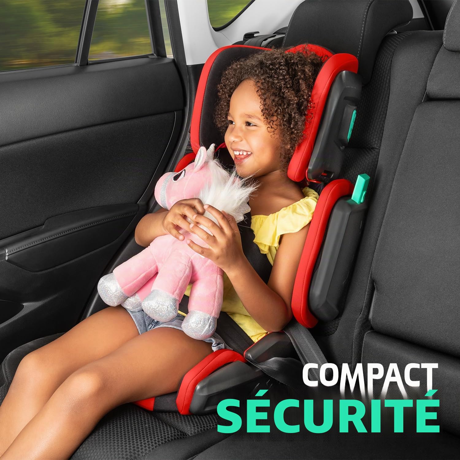 Mifold Siège auto rehausseur à dossier haut pour enfants avec sangle – Siège auto pliable réglable pour grand enfant pour voyage – Rouge course
