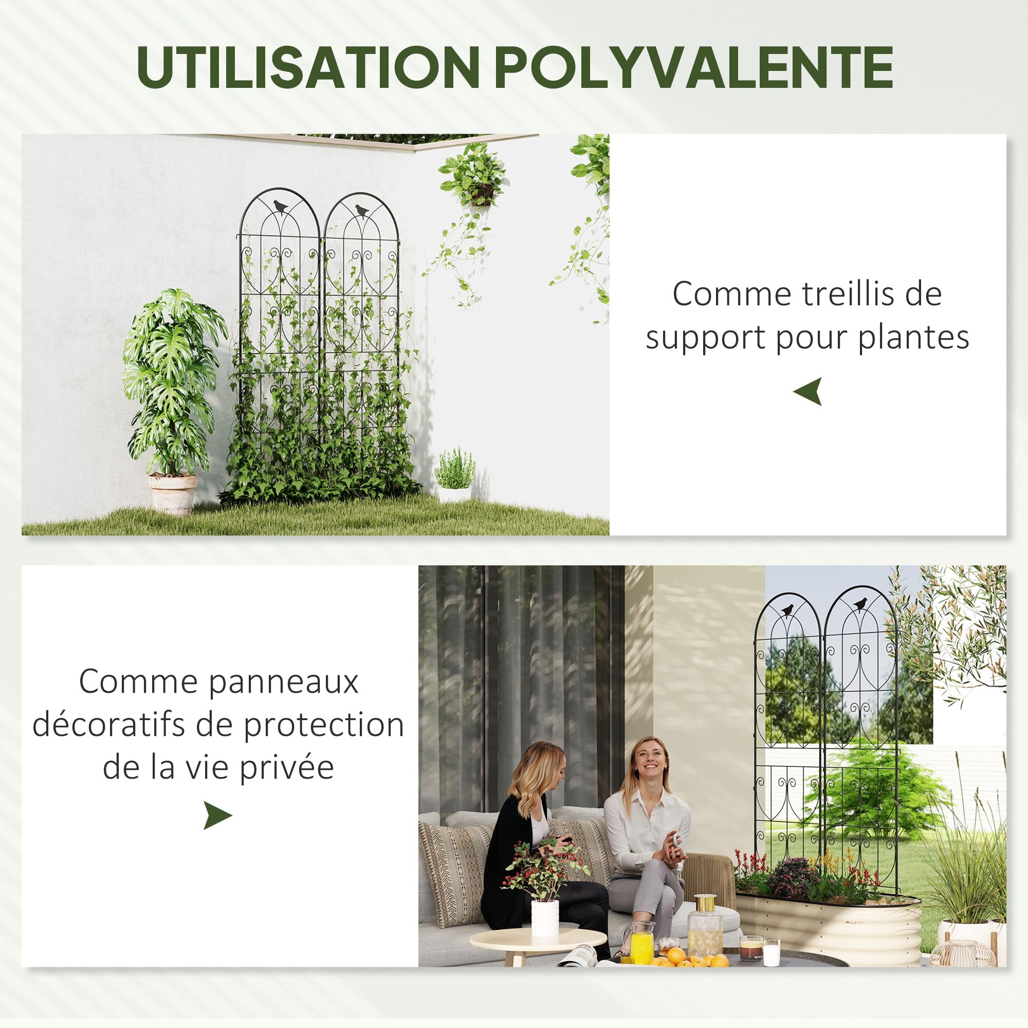 Outsunny Support pour Plantes Grimpantes avec Oiseaux, Lot de 2, Treillis de Jardin, pour Légumes, Vignes, Fleurs, en Métal, 50 x 180 cm, Noir