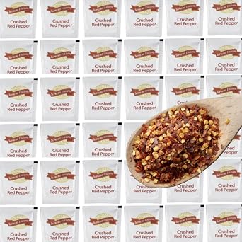 Crushed Red Pepper Flakes 0.2oz 50 Pack. Bold, spicy flavor perfect for pizza, pasta, chowder, seafood, and more. Individually packed for freshness and portion control.