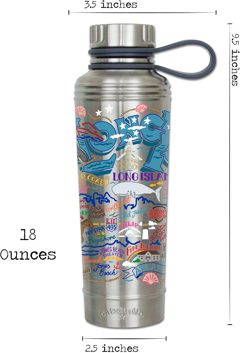 Catstudio Long Island Stainless Steel Water Bottle | Triple Wall Insulation With Non Slip Bottom | Great For Running, Hiking, Sports, & Travel