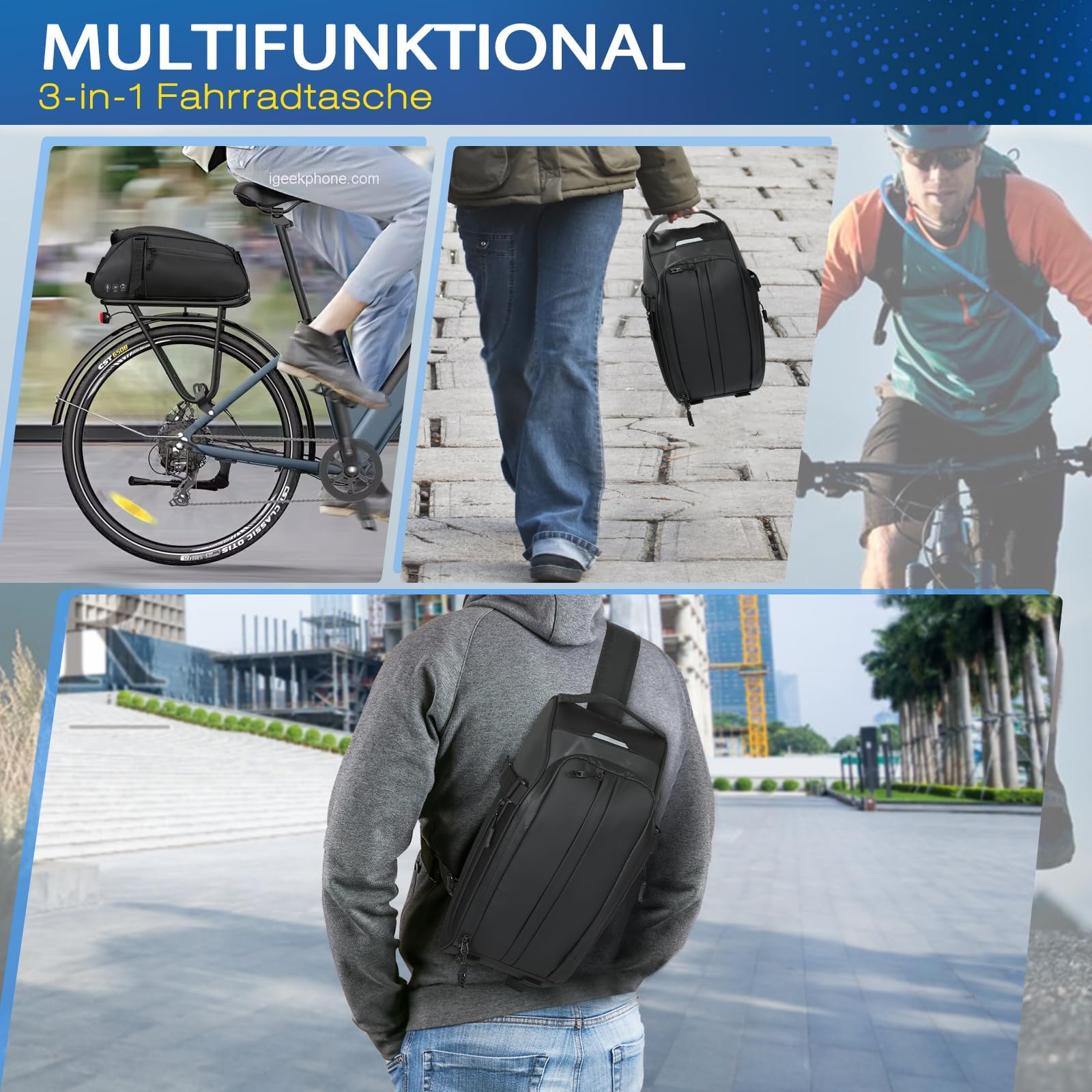 toptrek Gepäckträgertasche 8L Volumen, Fahrradtaschen für Gepäckträger mit Regenschutz, 3-In-1 Gepäckträgertaschen, Fahrradtasche Gepäckträger Abmessungen 38x16x15 cm (Gepäckträgertasche- 8L)