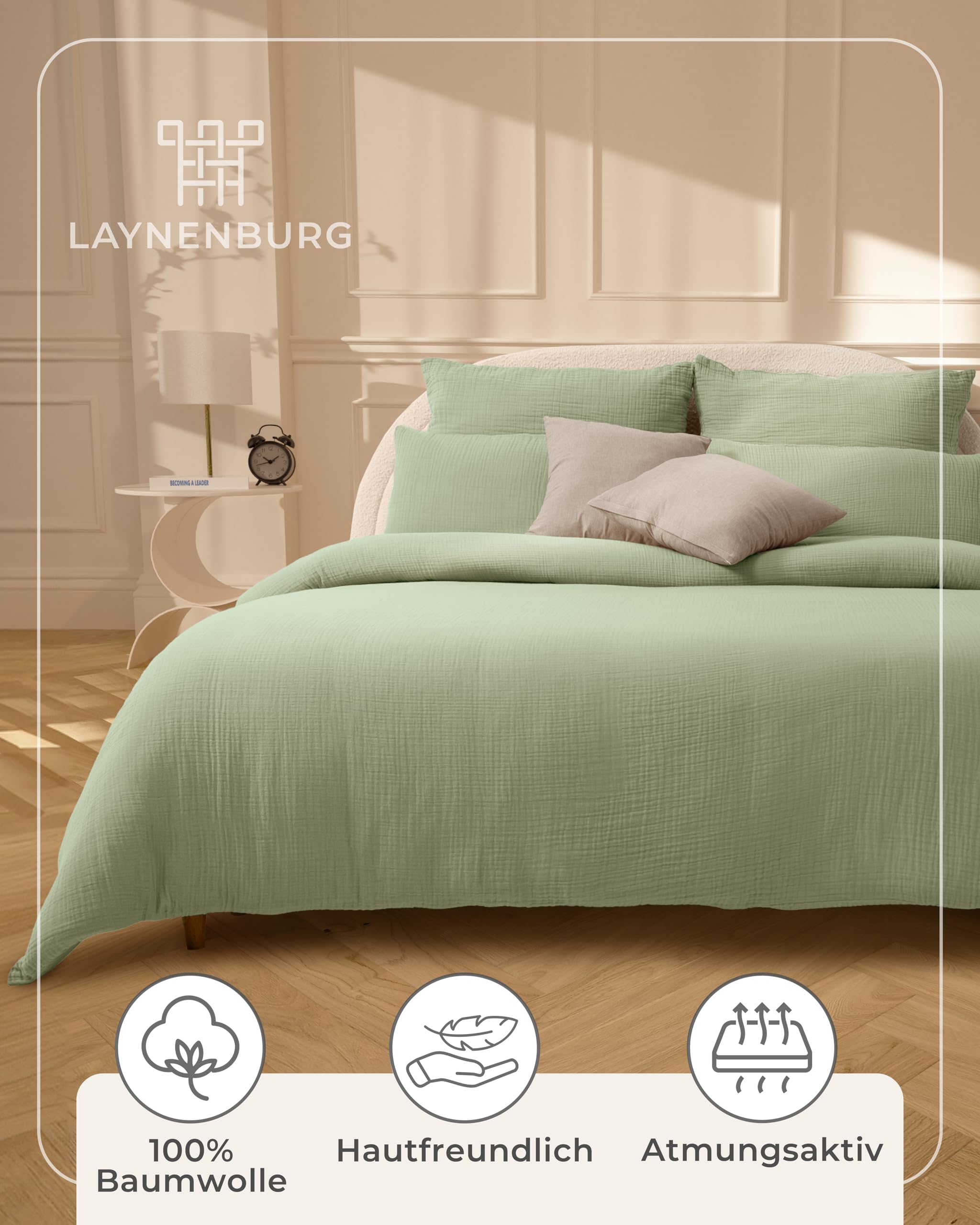 LAYNENBURG Pościel z muślinu 135 x 200 cm + 80 x 80 cm – Öko-Tex – 100% bawełna – oddychająca i nie wymaga prasowania – 2-warstwowy muślin z zamkiem błyskawicznym i taśmami mocującymi (szałwiowa