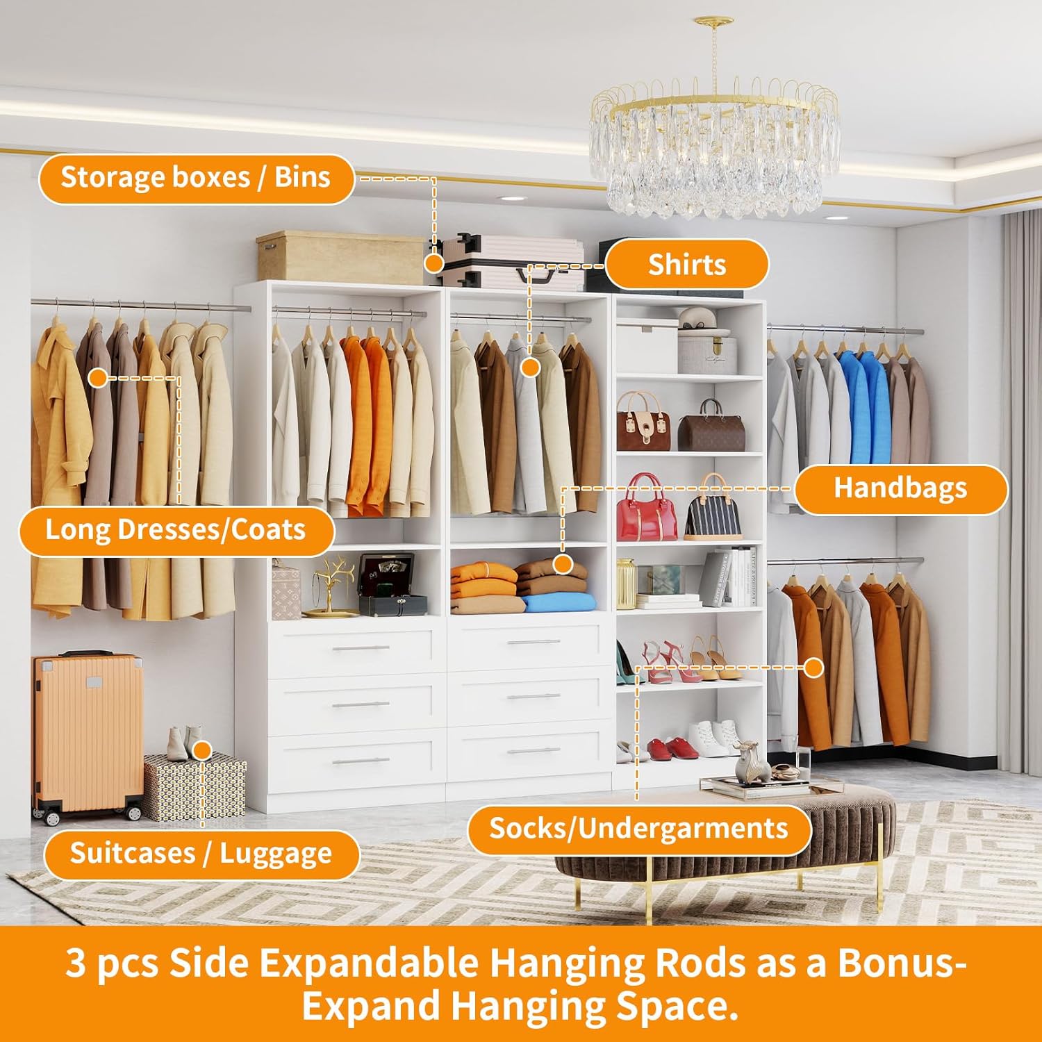 Closet System with 3 Sets, 6FT-15FT Closet Organizer Systems with 6 Wooden Drawers 8 Shelves & 4 Hanging Rods, Walk in Closet freestanding Corner Modular Closet Storage System White (6FT)