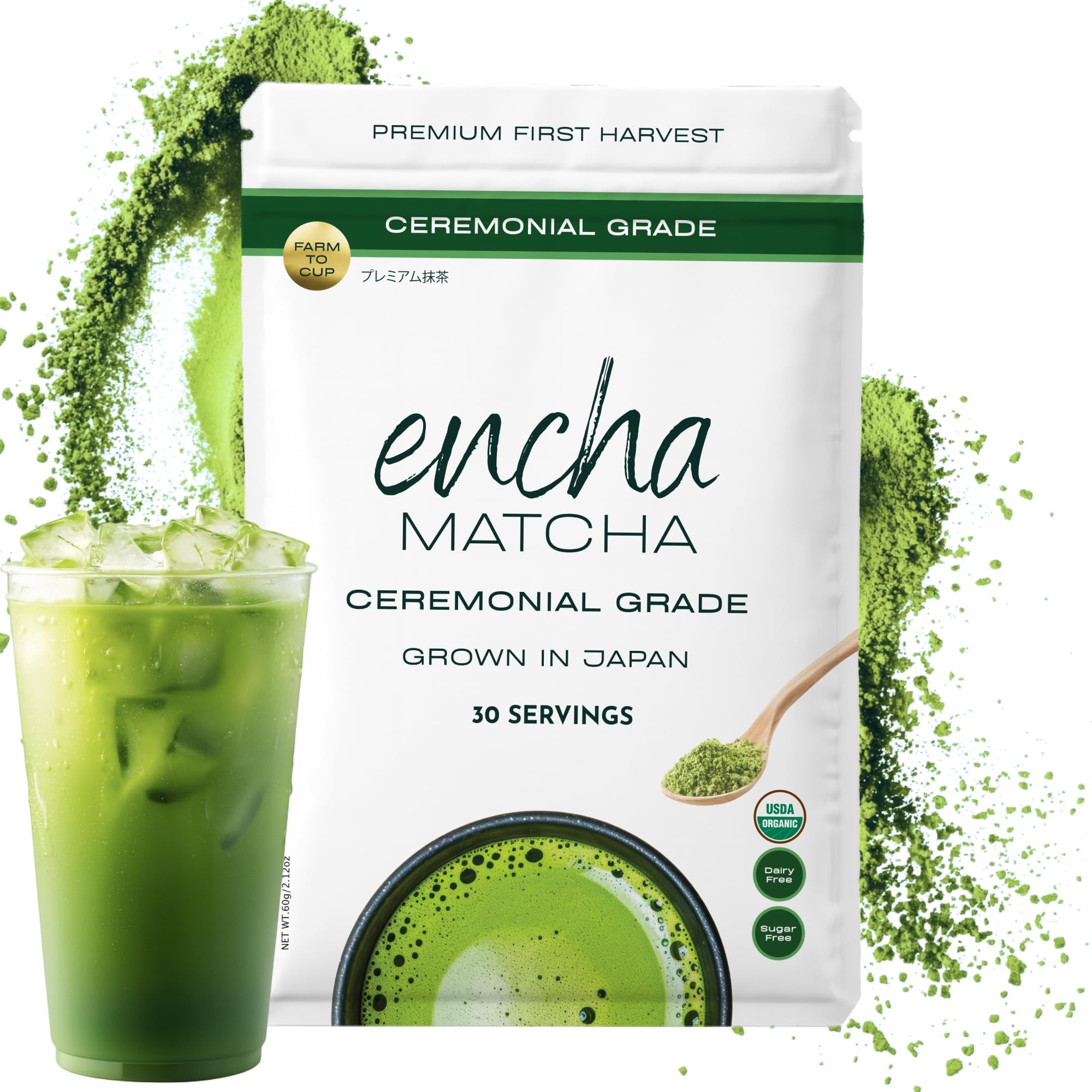 Encha Ceremonial Grade Matcha Powder - Organic First Harvest Japanese Matcha Green Tea, Matcha Tea From Uji, Japan (60g/2.12oz)