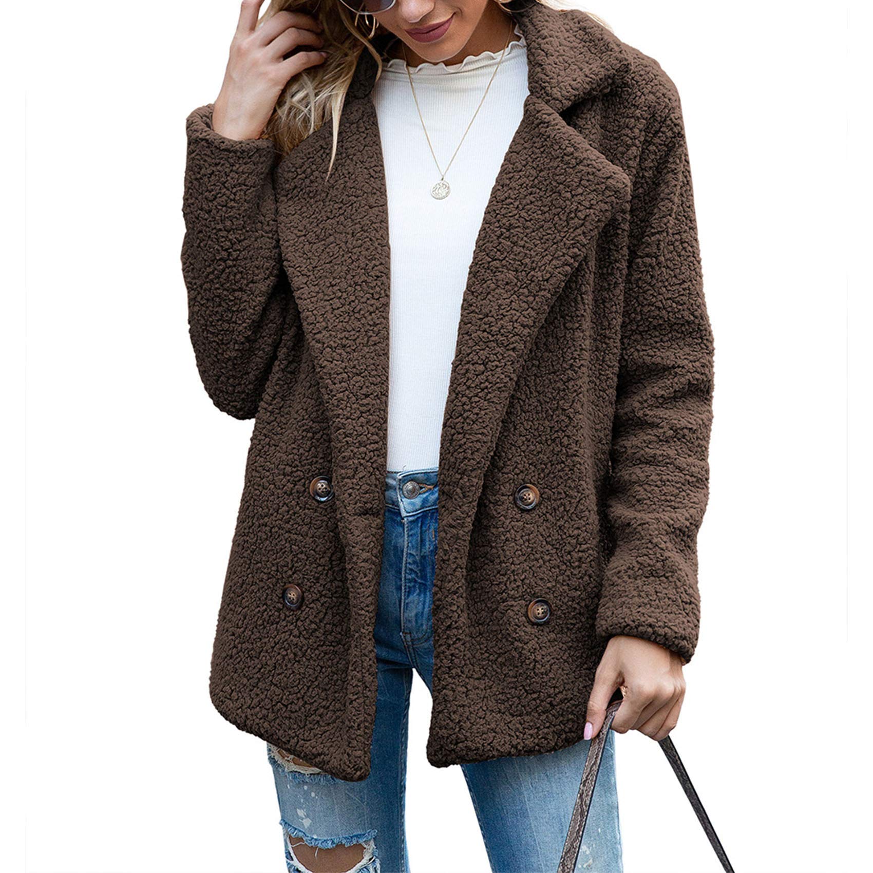 Boutons d'automne Et d'hiver, Revers, Cardigan en Molleton Ample, Manteau De Laine GâTeau De Mouton Femmes, Vestes, Hauts