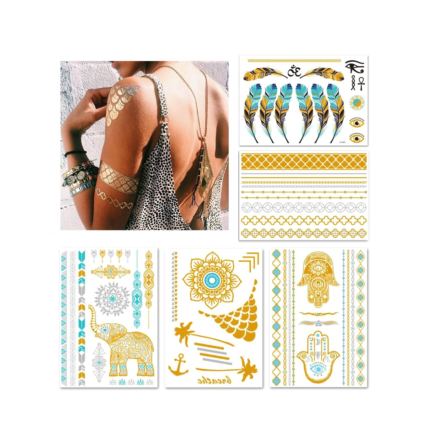Konsait 196 Metallic Temporary Tattoos, Gold Black Silver Shimmer