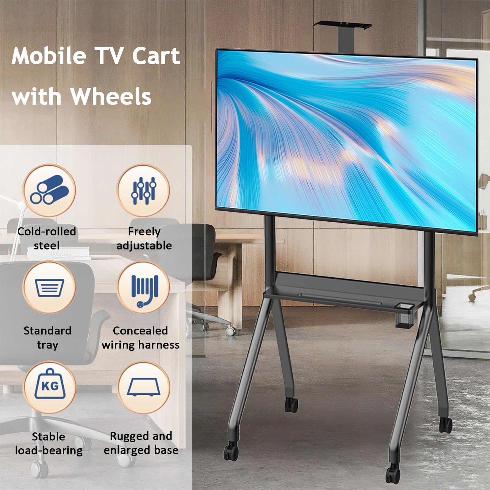 Soporte móvil para TV con ruedas, carrito rodante con altura ajustable, soporte de TV para televisores LED/LCD/OLED de 42 a 120 pulgadas, soporta hasta 150 kg, perfecto para el hogar u oficina